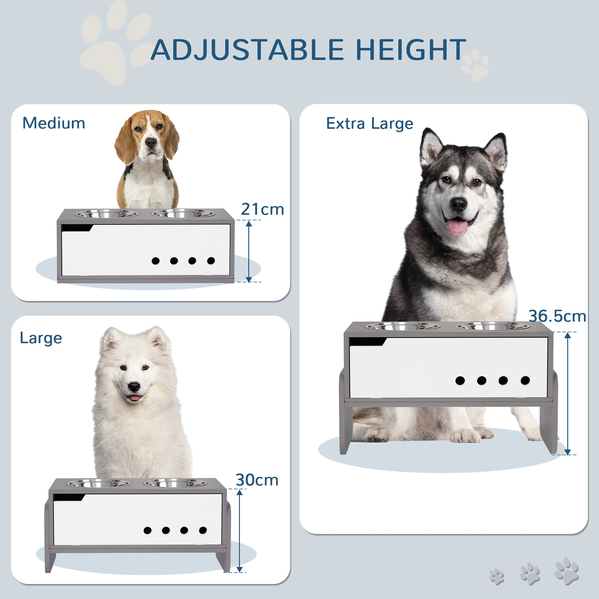 PawHut Height Adjustable Dog Feeding Storage w/ 2 Stainless Steel Bowls - Image 6