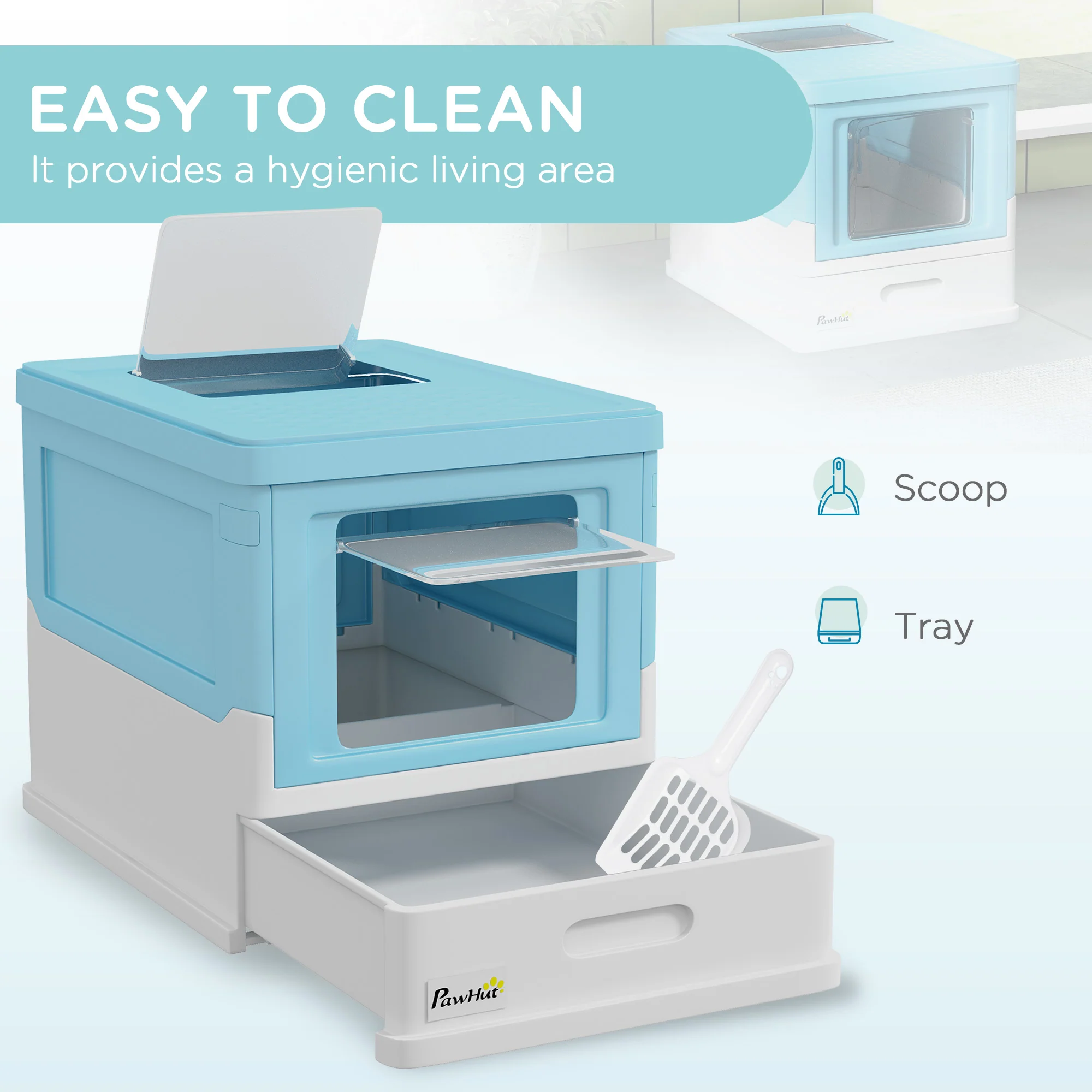 PawHut Hooded Cat Litter Box, Pet Toilet w/ Scoop, Tray - Light Blue - Image 3