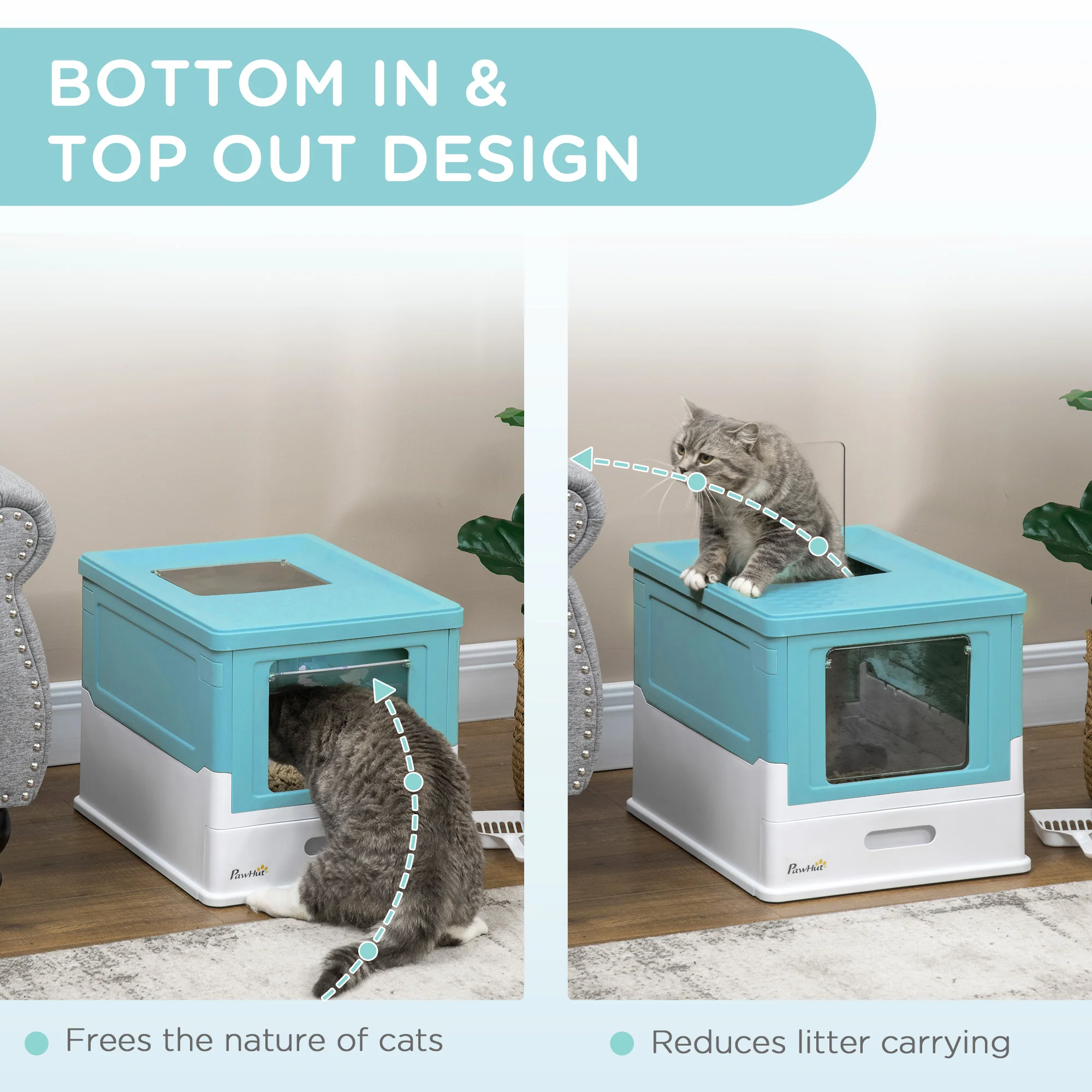 PawHut Hooded Cat Litter Box, Pet Toilet w/ Scoop, Tray - Light Blue - Image 4
