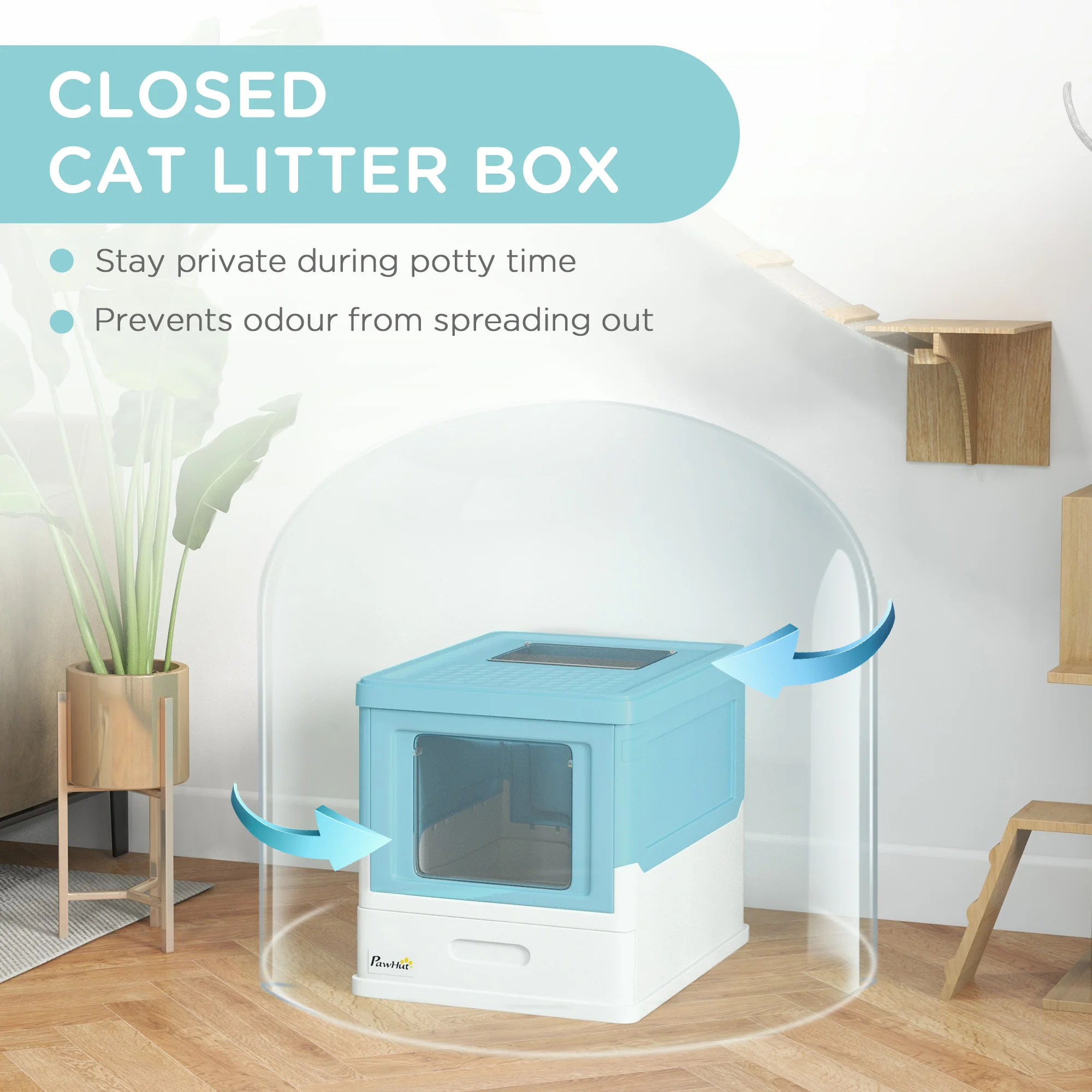 PawHut Hooded Cat Litter Box, Pet Toilet w/ Scoop, Tray - Light Blue - Image 6