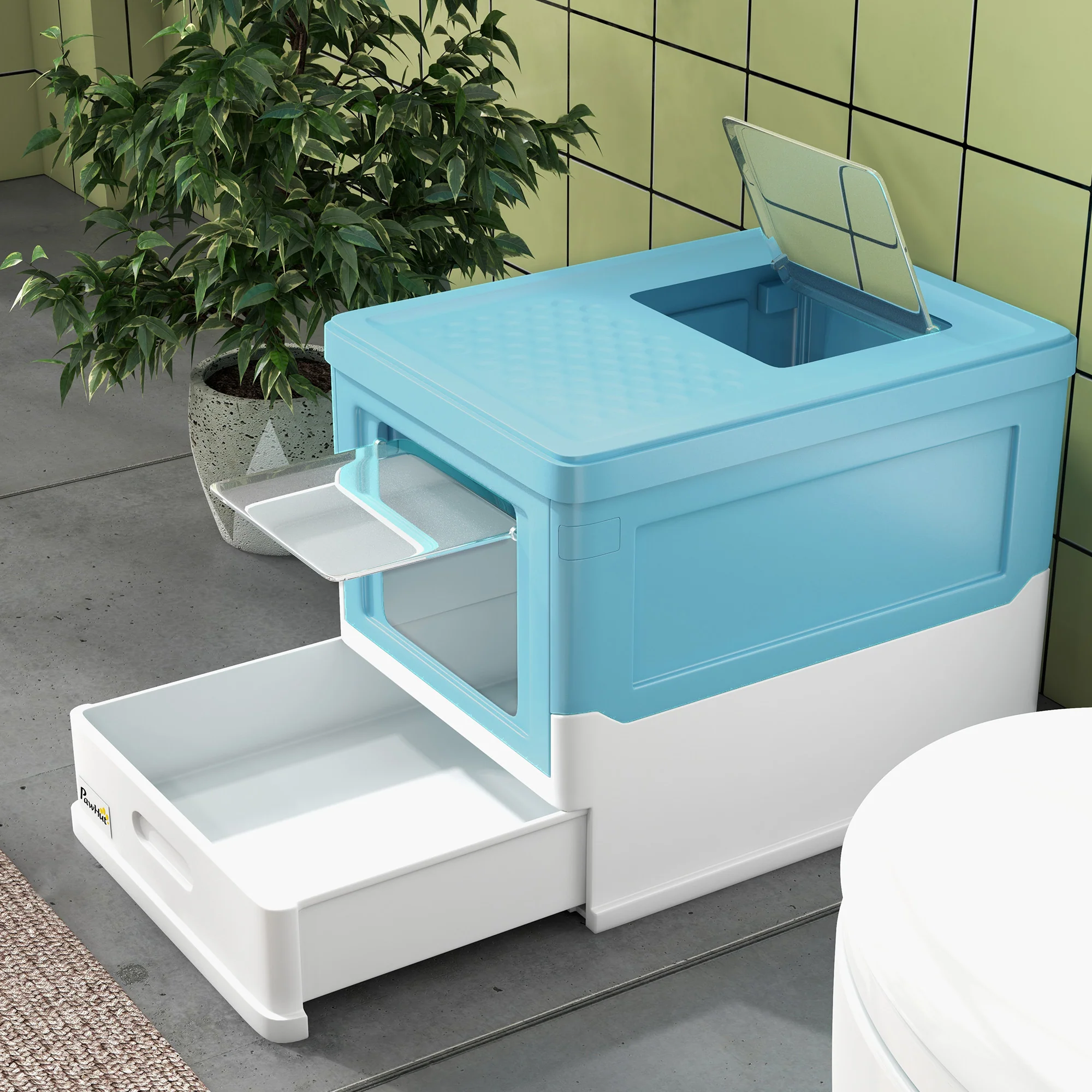 PawHut Hooded Cat Litter Box, Pet Toilet w/ Scoop, Tray - Light Blue - Image 8