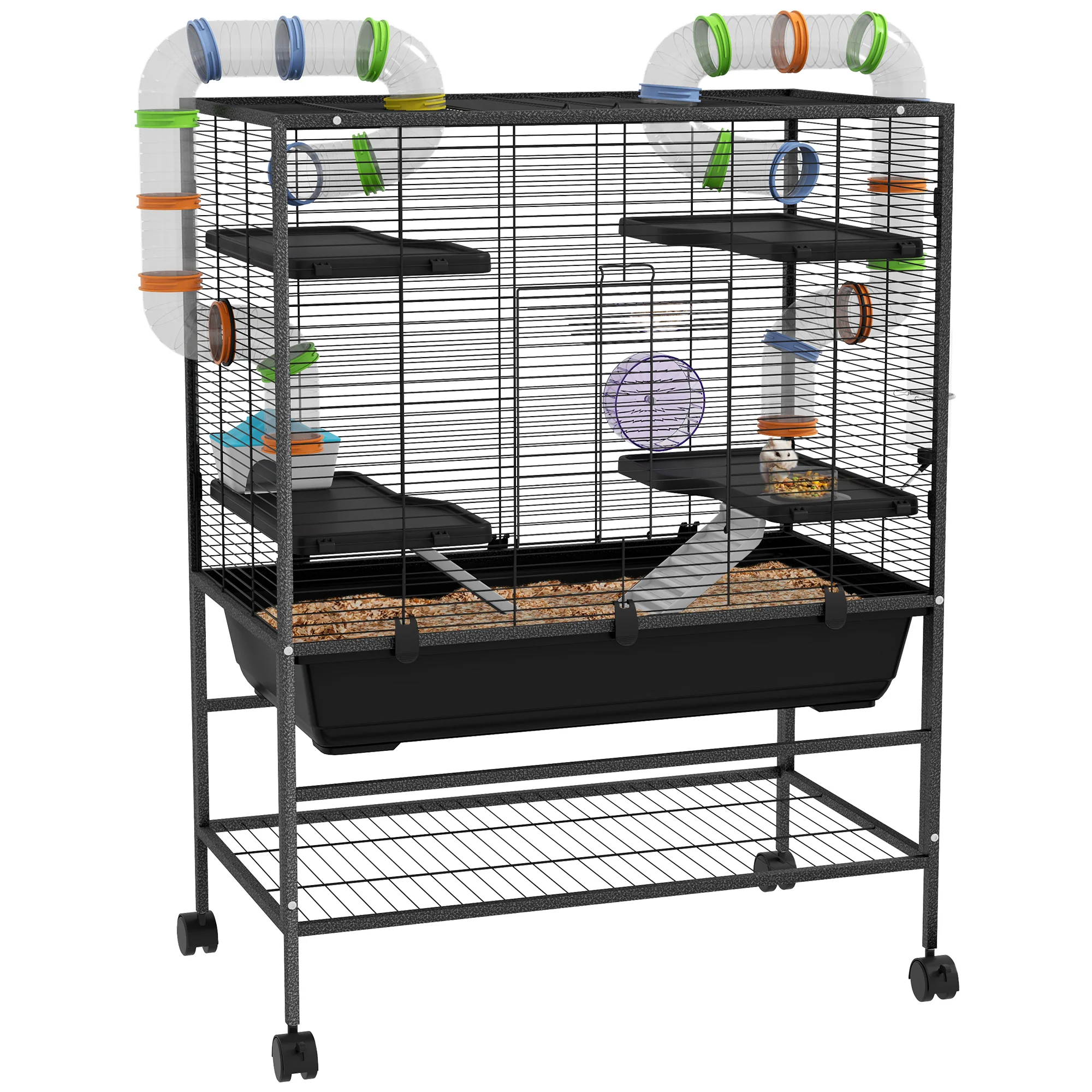 PawHut Large Hamster Cage, Rat Cage W/ Wheels, Tubes, Storage Shelf, Ramps