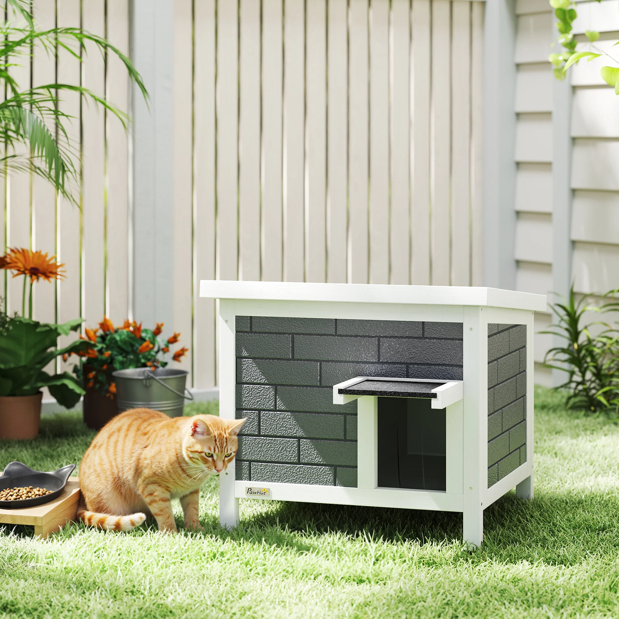 PawHut Outdoor Cat House Insulated Wooden Feral Cat Shelter w/ Openable Roof - Image 2
