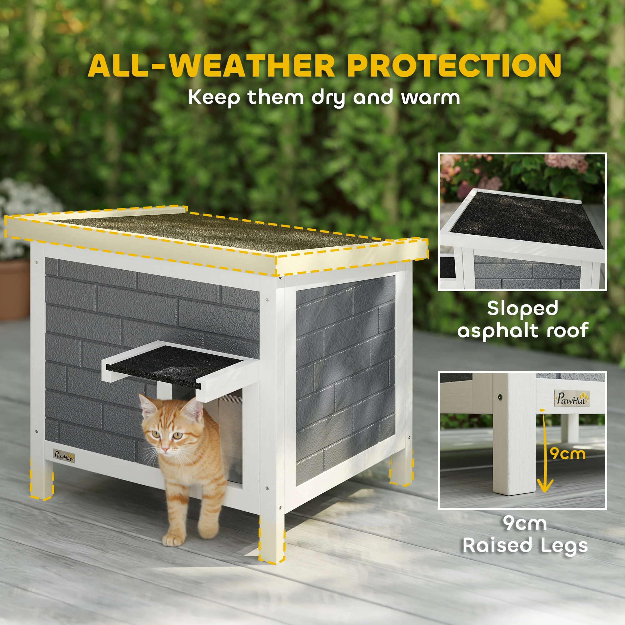 PawHut Outdoor Cat House Insulated Wooden Feral Cat Shelter w/ Openable Roof - Image 4