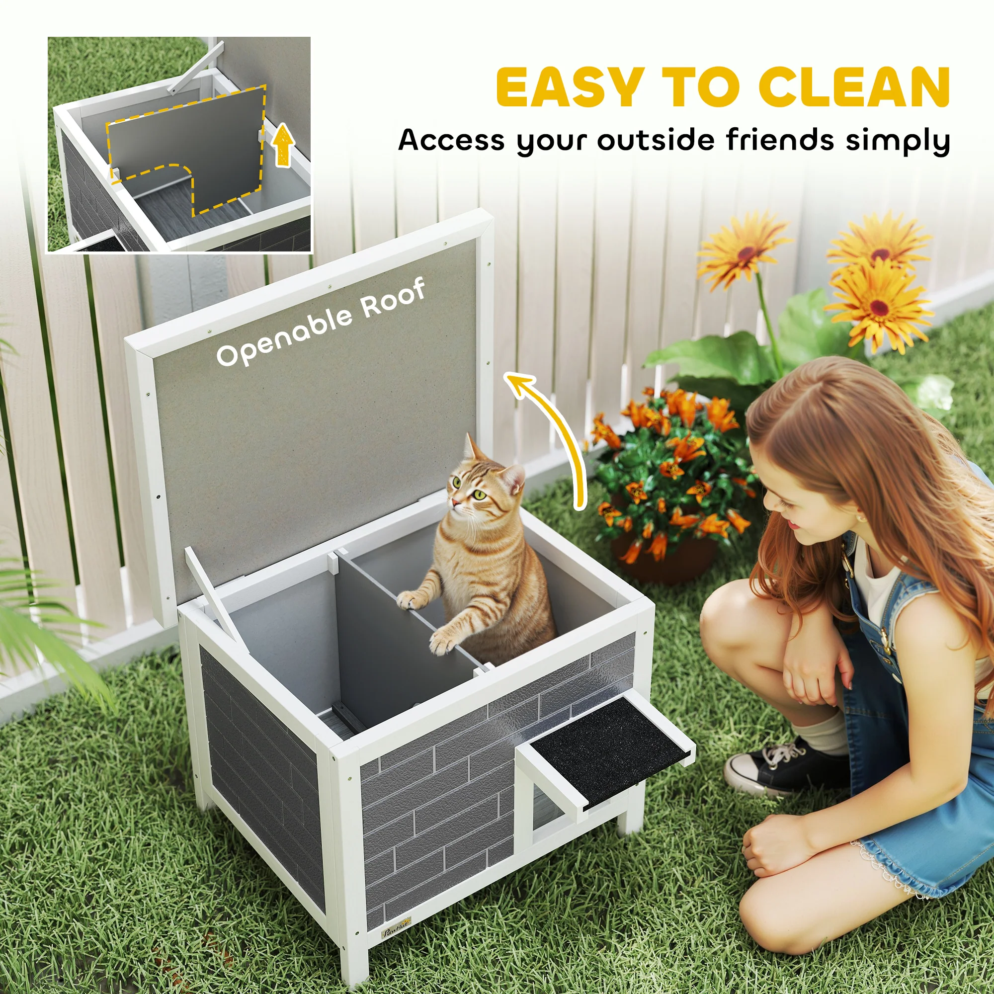 PawHut Outdoor Cat House Insulated Wooden Feral Cat Shelter w/ Openable Roof - Image 6