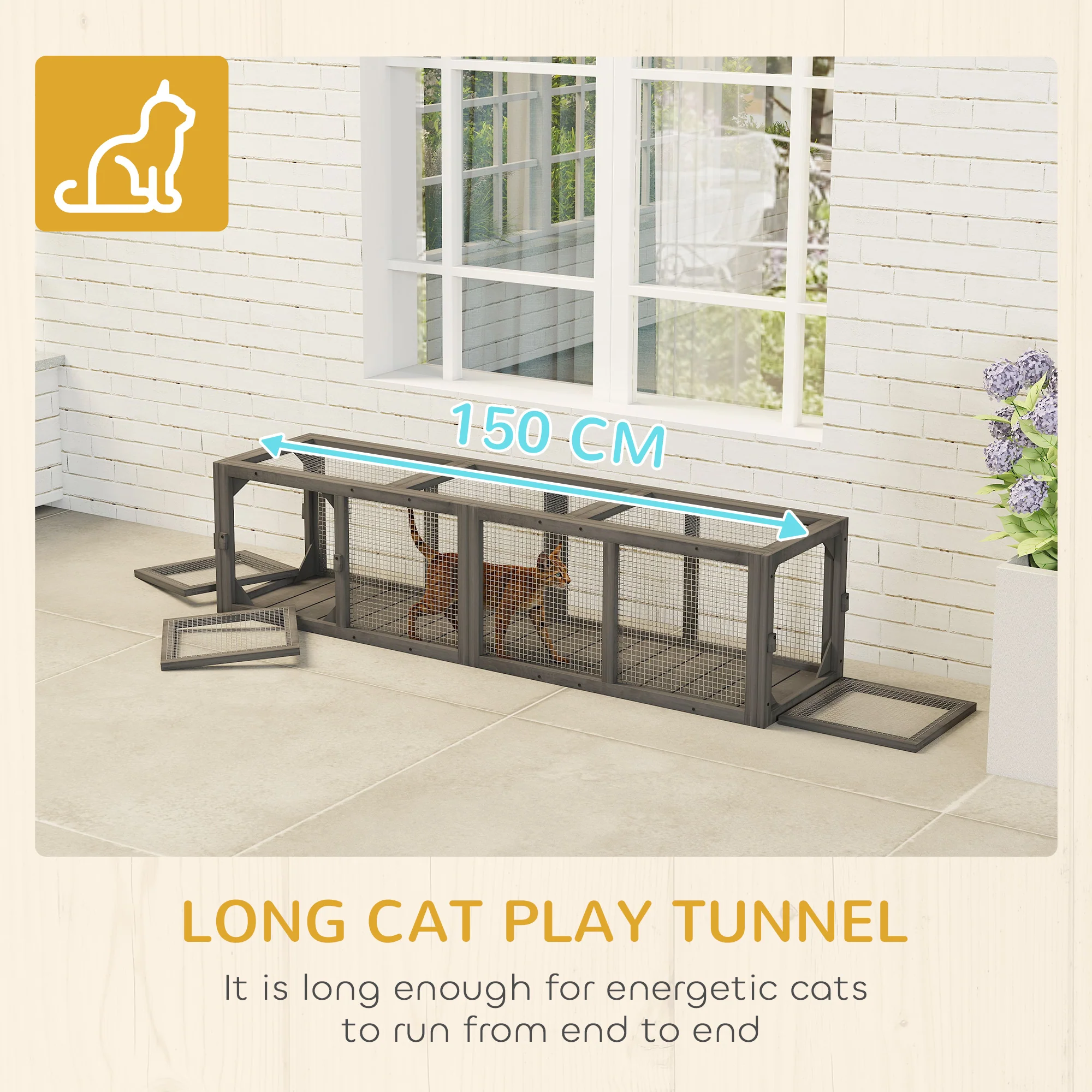 PawHut Outdoor Cat Tunnel, Wooden Extendable Pet Run, For Kitty, Puppy, Grey - Image 7