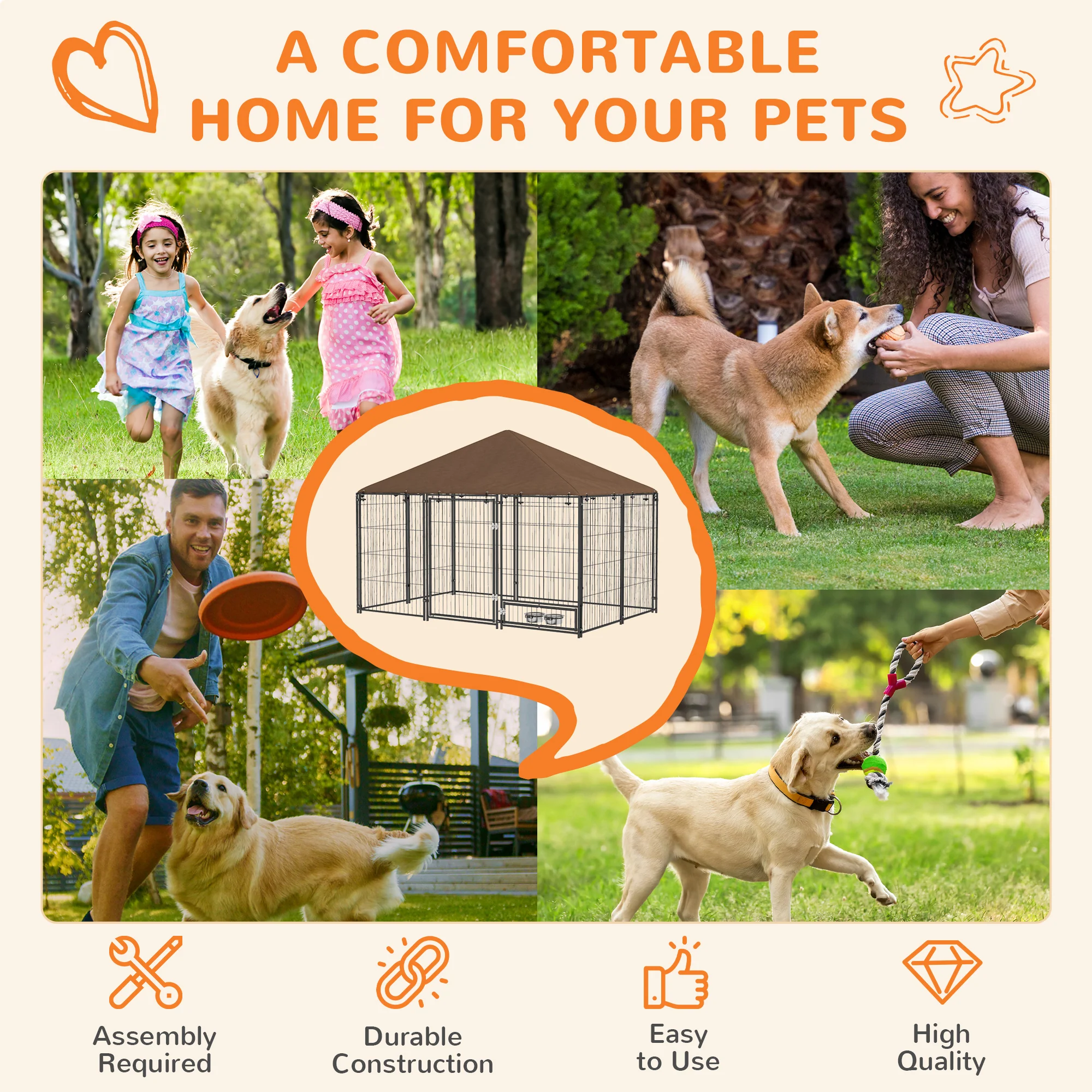 PawHut Outdoor Dog House Kennel With Canopy Top & Lock Rotating Bowl Holder - Image 3