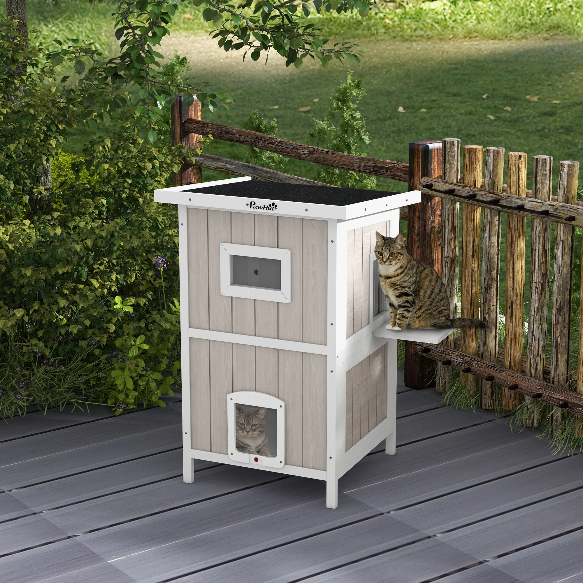 PawHut Outdoor Wooden Cat House w/ Removable Bottom, Escape Doors, for 1-2 Cats - Image 2