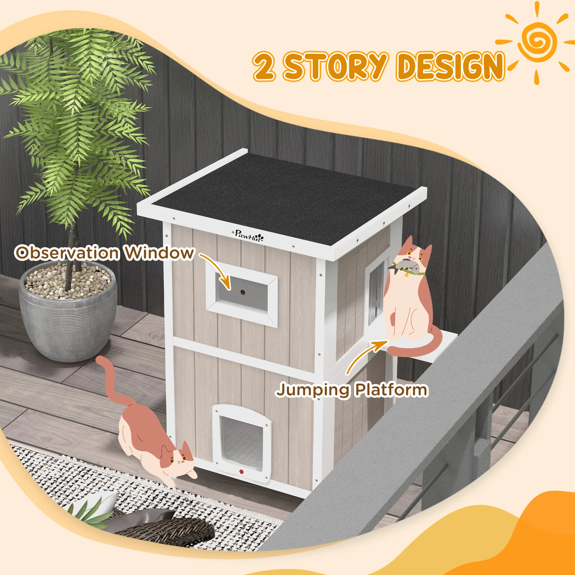 PawHut Outdoor Wooden Cat House w/ Removable Bottom, Escape Doors, for 1-2 Cats - Image 3