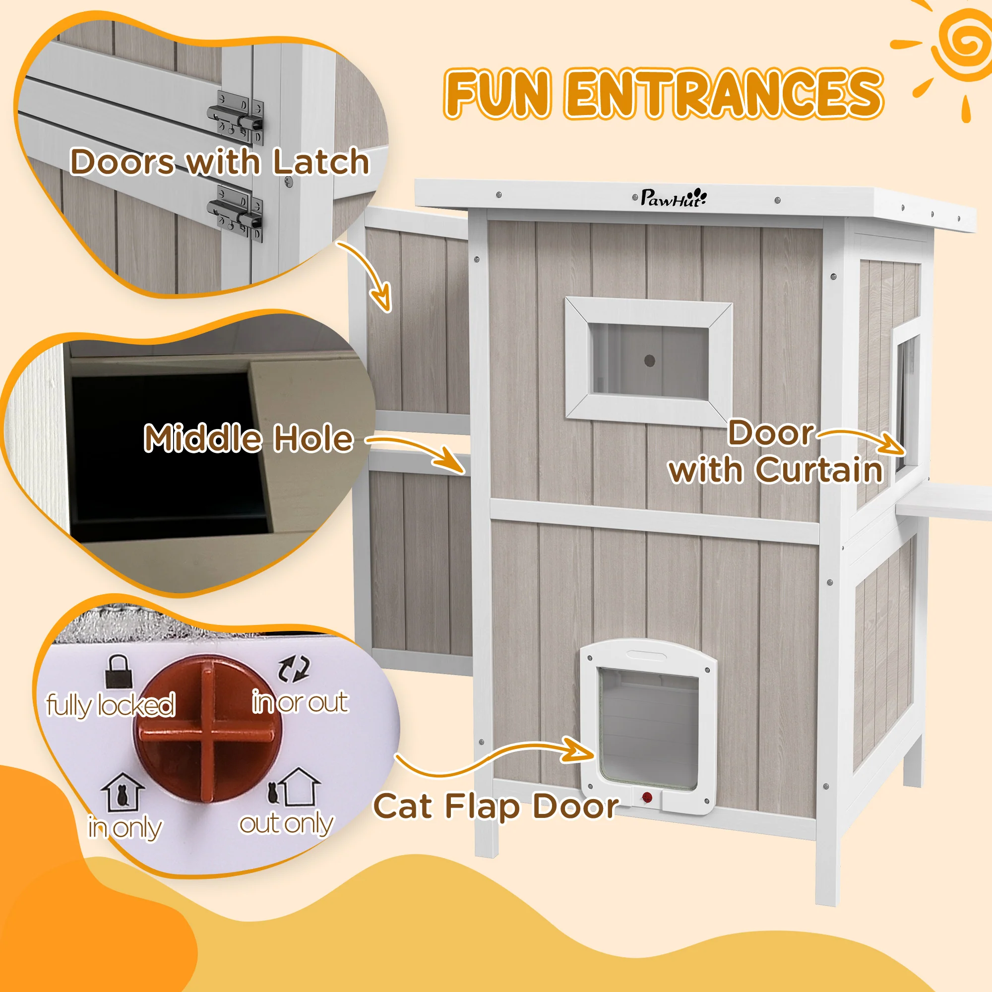PawHut Outdoor Wooden Cat House w/ Removable Bottom, Escape Doors, for 1-2 Cats - Image 4