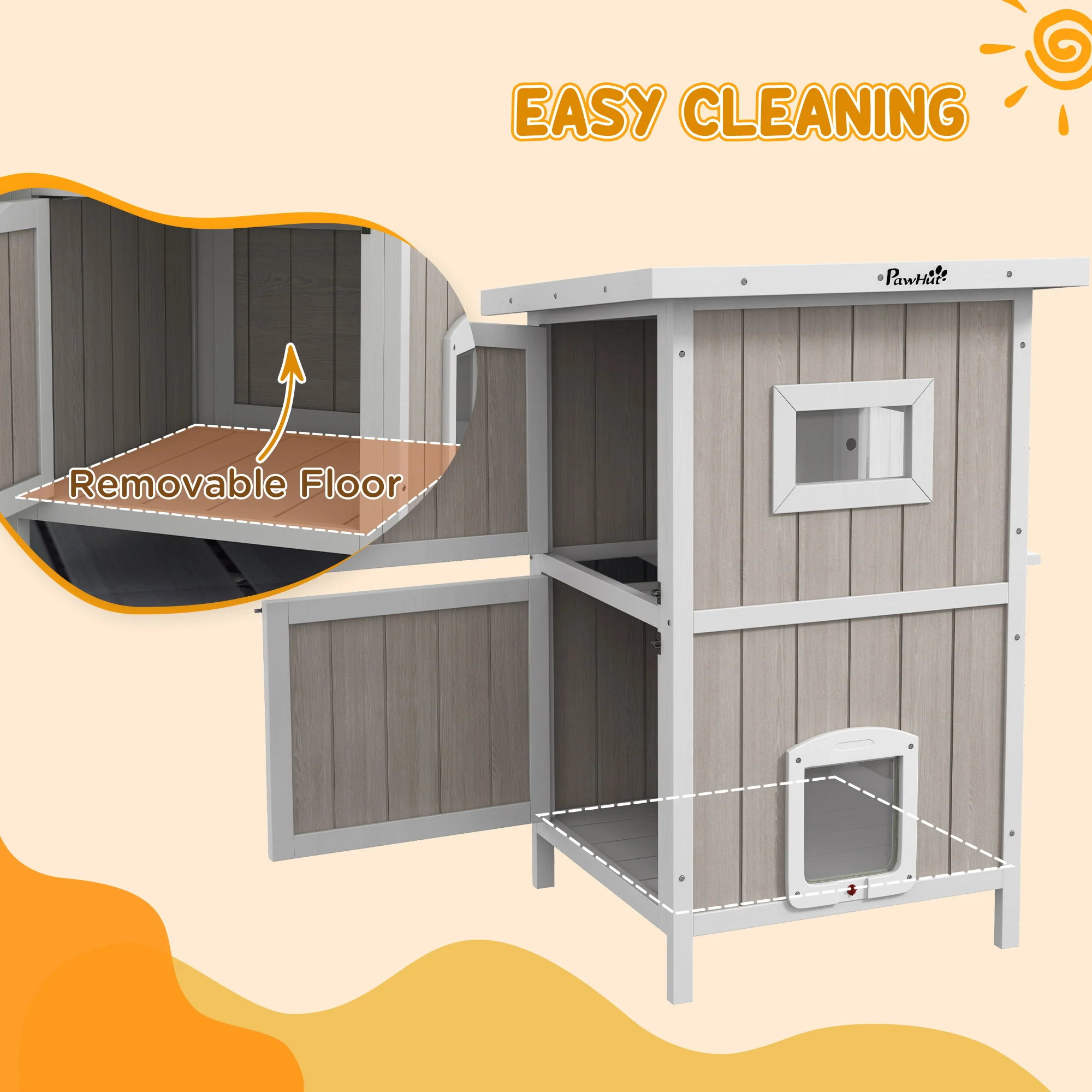 PawHut Outdoor Wooden Cat House w/ Removable Bottom, Escape Doors, for 1-2 Cats - Image 7