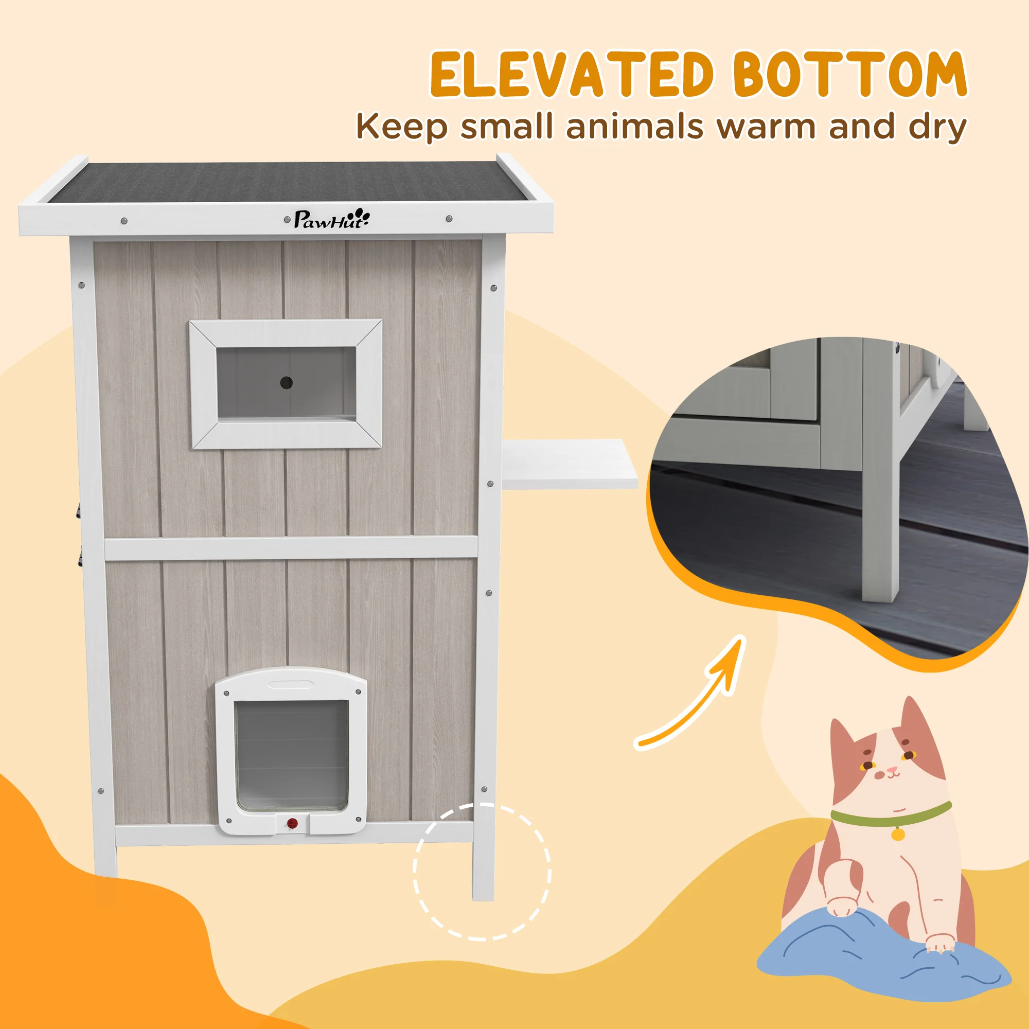 PawHut Outdoor Wooden Cat House w/ Removable Bottom, Escape Doors, for 1-2 Cats - Image 8