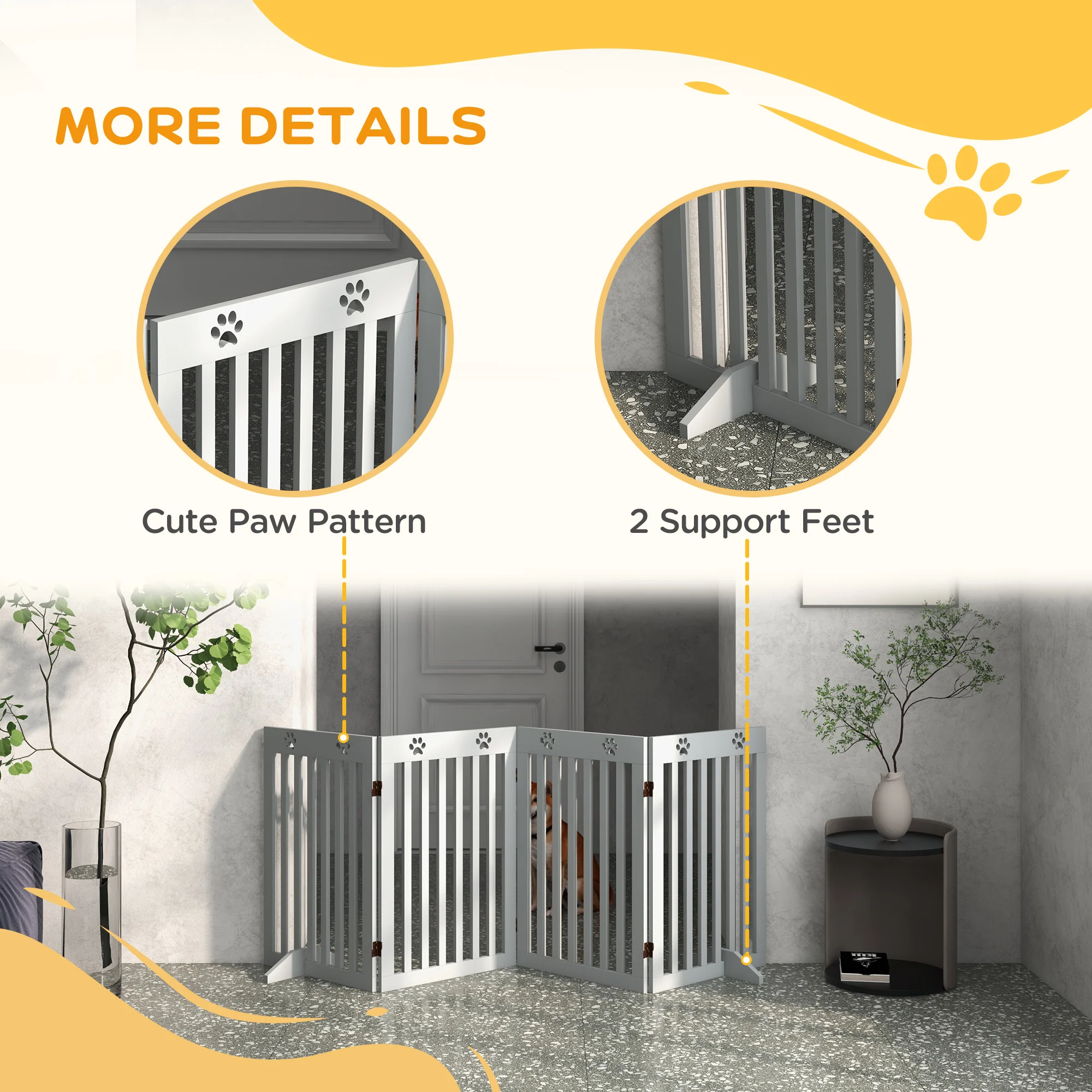 PawHut Pet Gate Foldable Fence Freestanding Dog Barrier w/ Support Feet Grey - Image 4