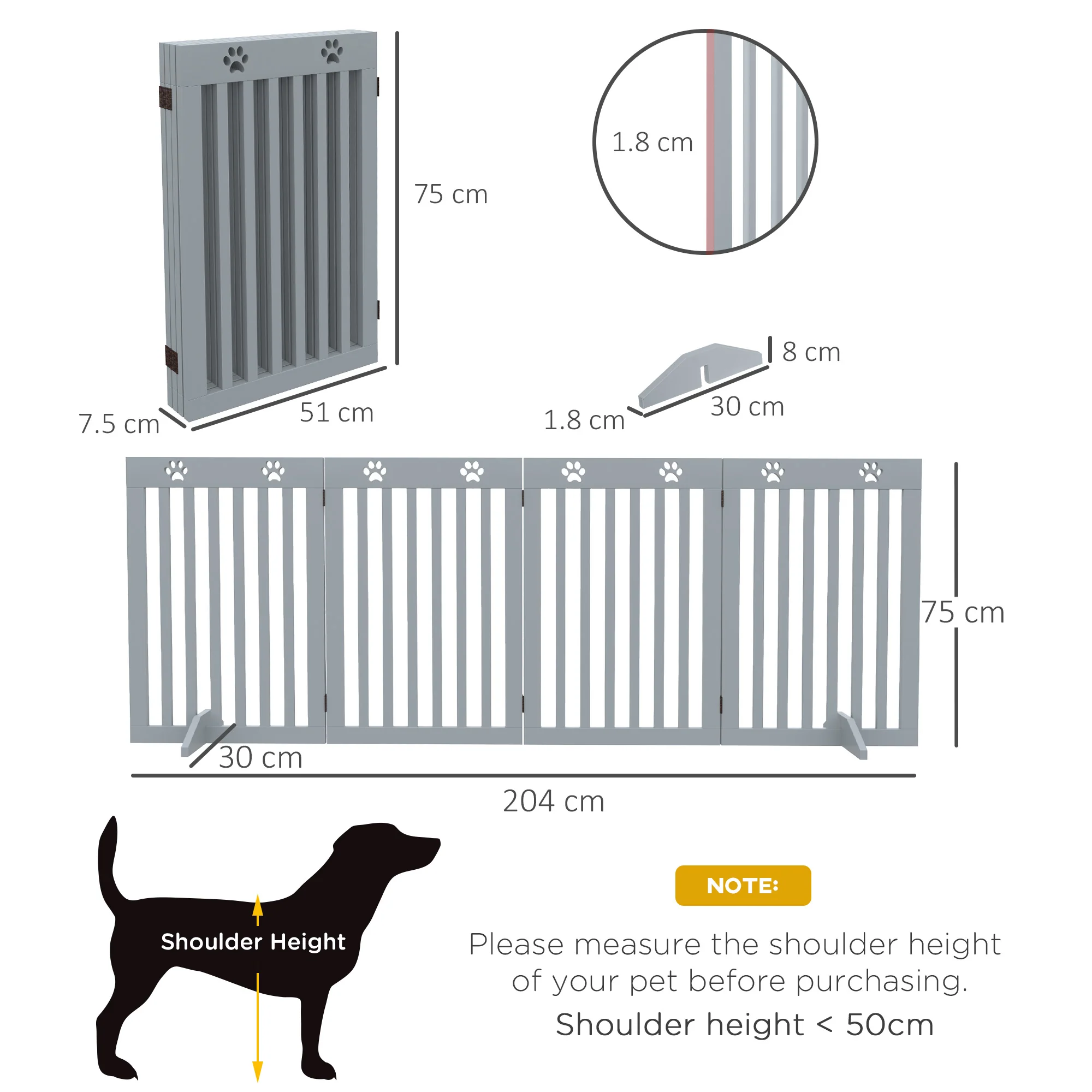 PawHut Pet Gate Foldable Fence Freestanding Dog Barrier w/ Support Feet Grey - Image 5