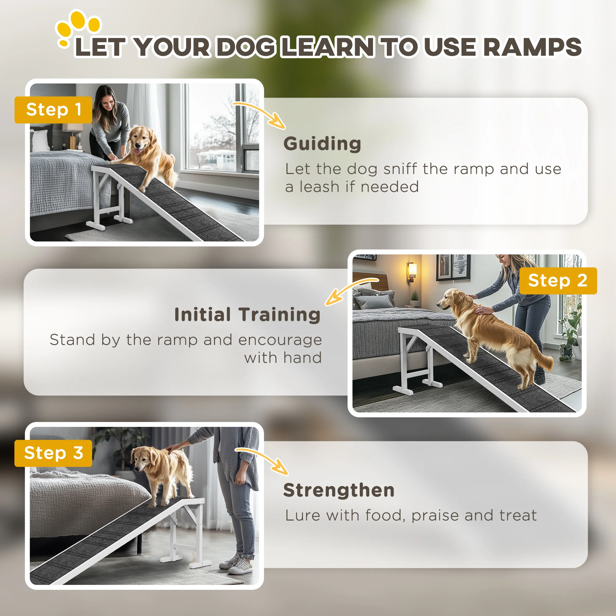 PawHut Pet Ramp for Dogs Cats with Non-Slip Carpet for Bed Sofa, White - Image 7