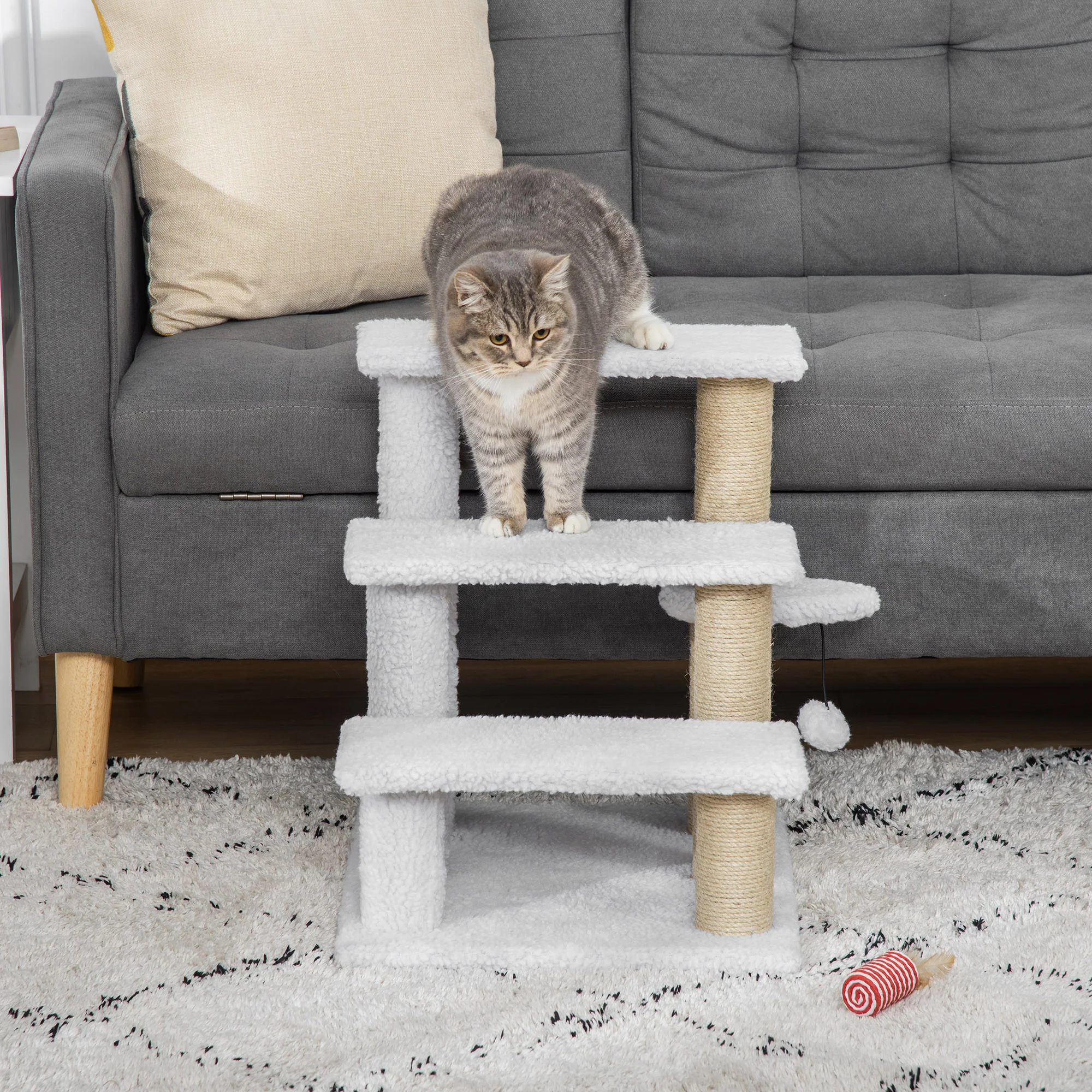 PawHut Pet Stair with 3-step Climb Ladder, Scratching Posts, White - Image 8