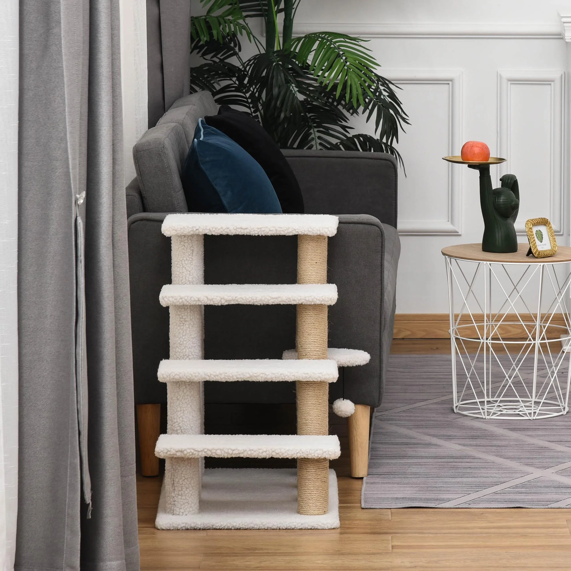 PawHut Pet Stair with 4-step Climb Ladder, Scratching Posts, White - Image 8