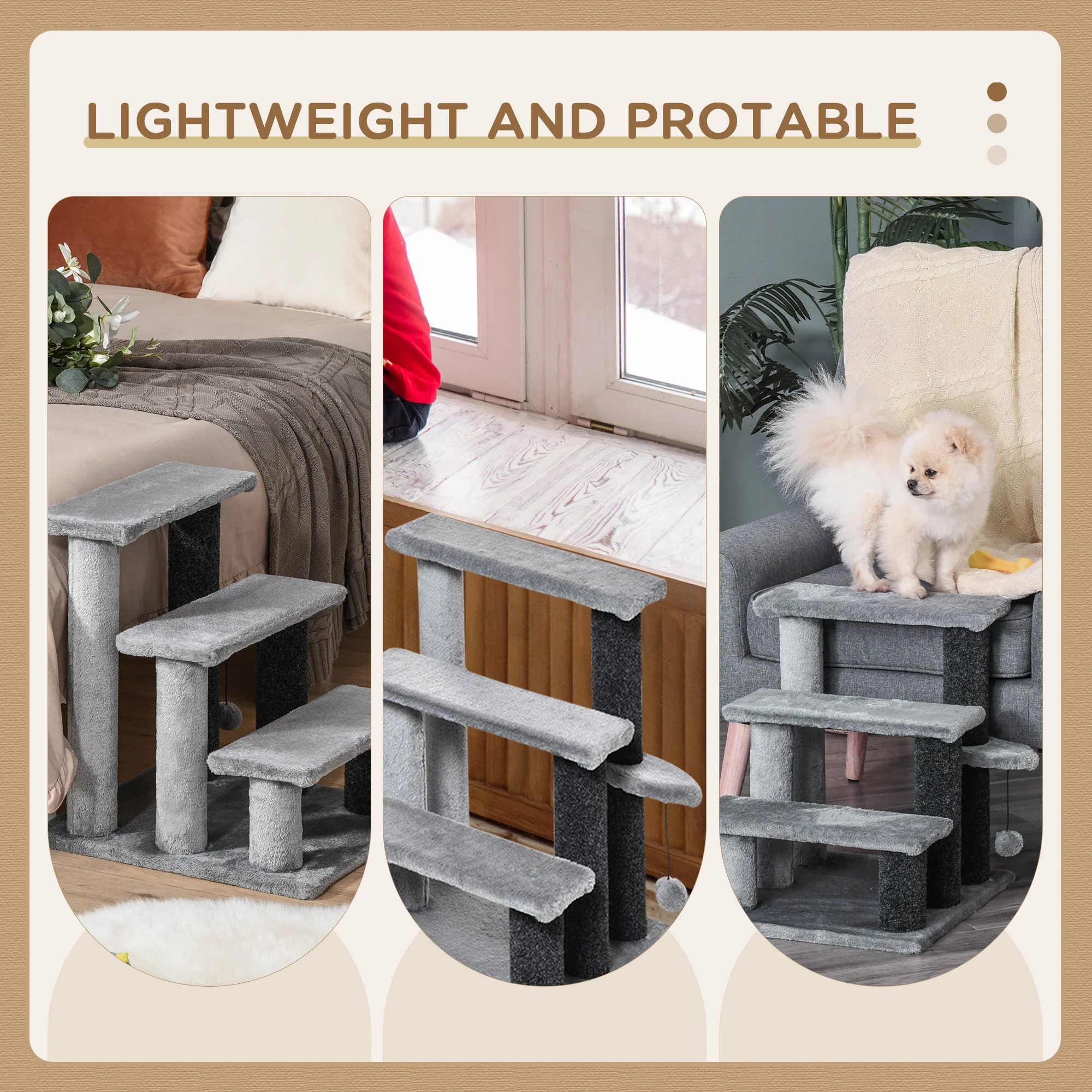 PawHut Pet Stairs with 3-step Stair, Scratching Posts, Platforms, Toy Ball - Image 7