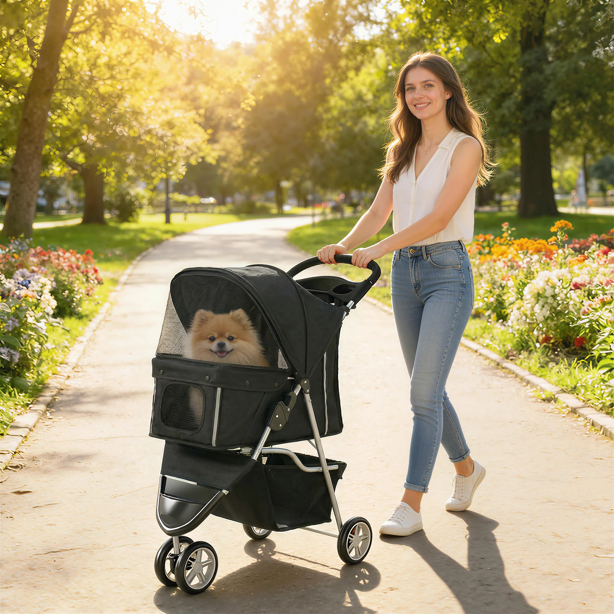 PawHut Pet Stroller Pushchair Carrier For Cat Puppy With 3 Wheels Black - Image 2
