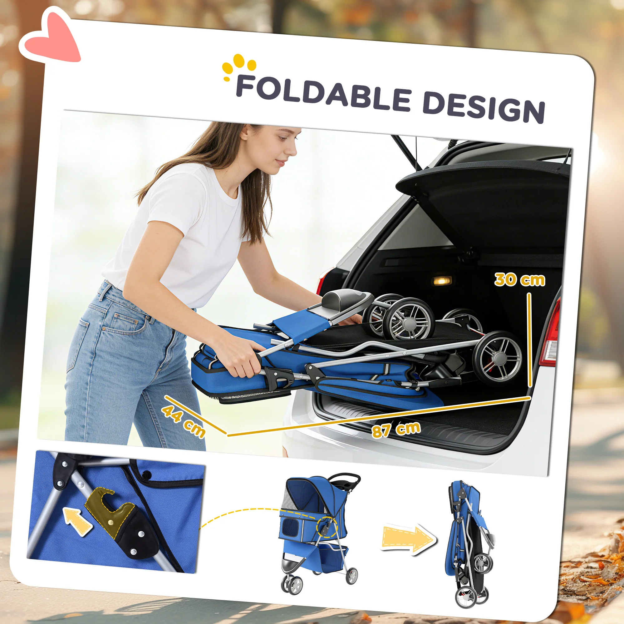 PawHut Pet Stroller Pushchair Carrier For Cat Puppy With 3 Wheels Blue - Image 4