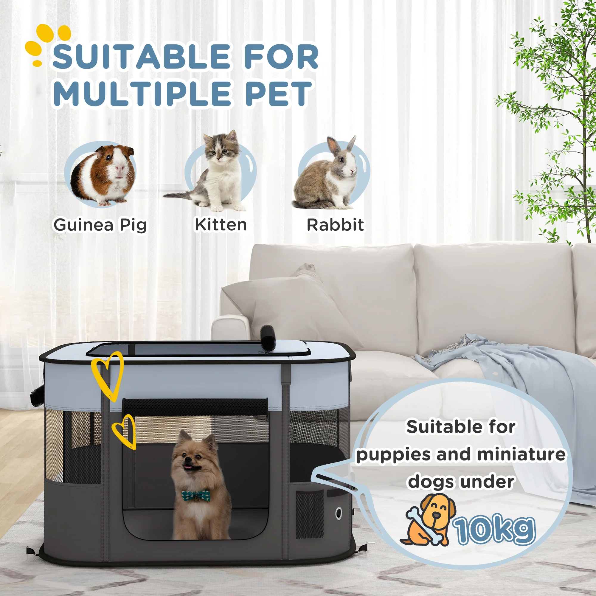 PawHut Portable Dog Pen for Puppies, Rabbits, Kittens, Guinea Pigs - Grey - Image 12