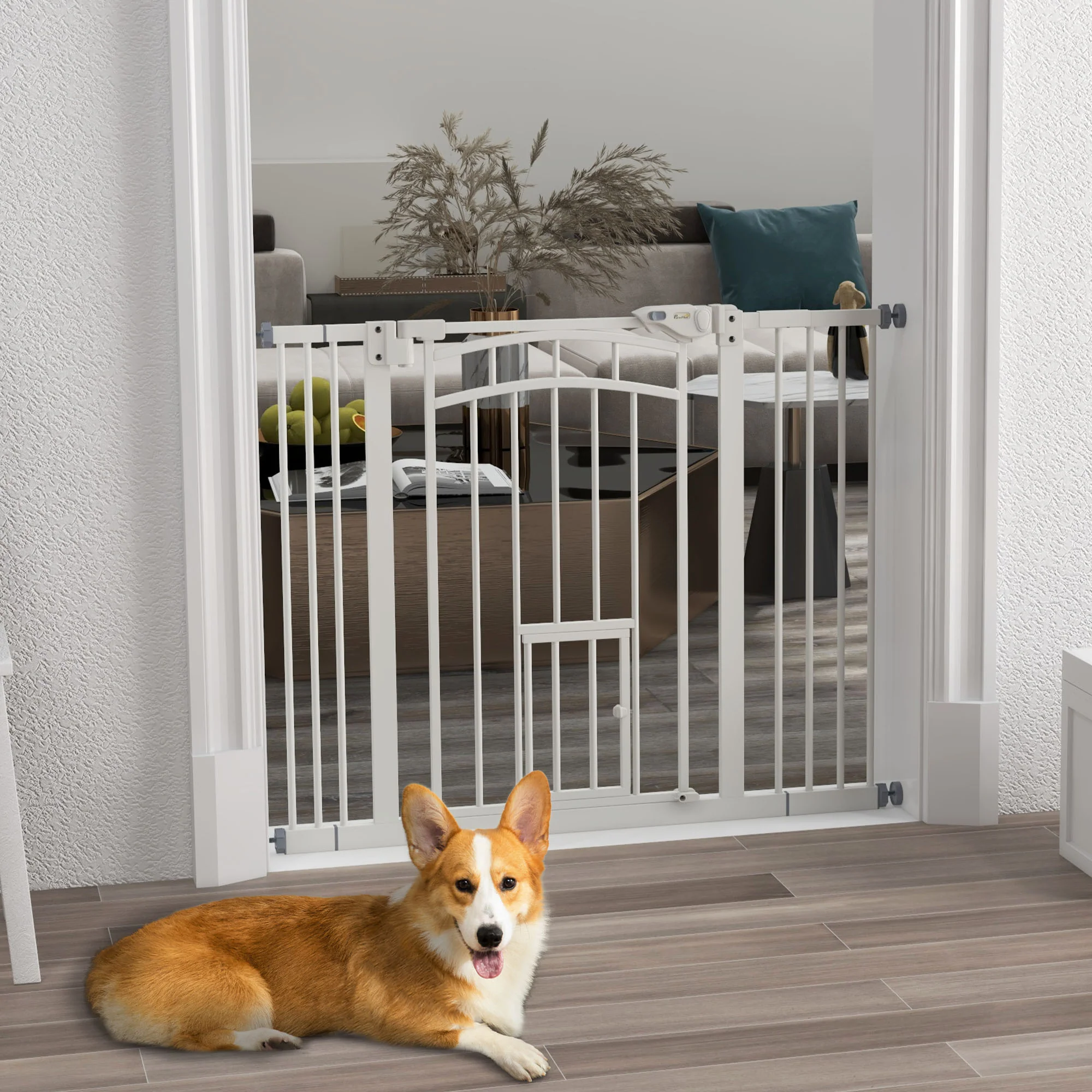 PawHut Pressure Fit Safety Gate, Dog Gate w/ Small Cat Door, 74-100cm Openings - Image 2