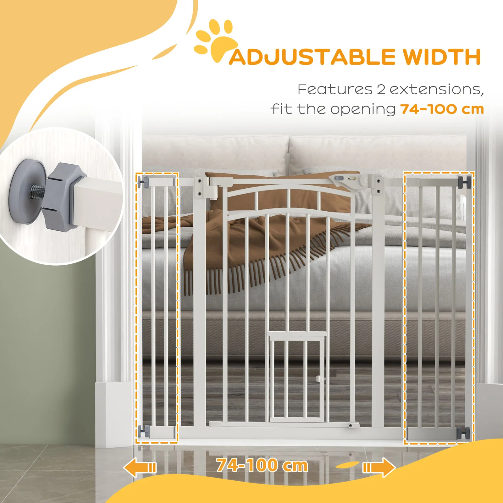 PawHut Pressure Fit Safety Gate, Dog Gate w/ Small Cat Door, 74-100cm Openings - Image 7