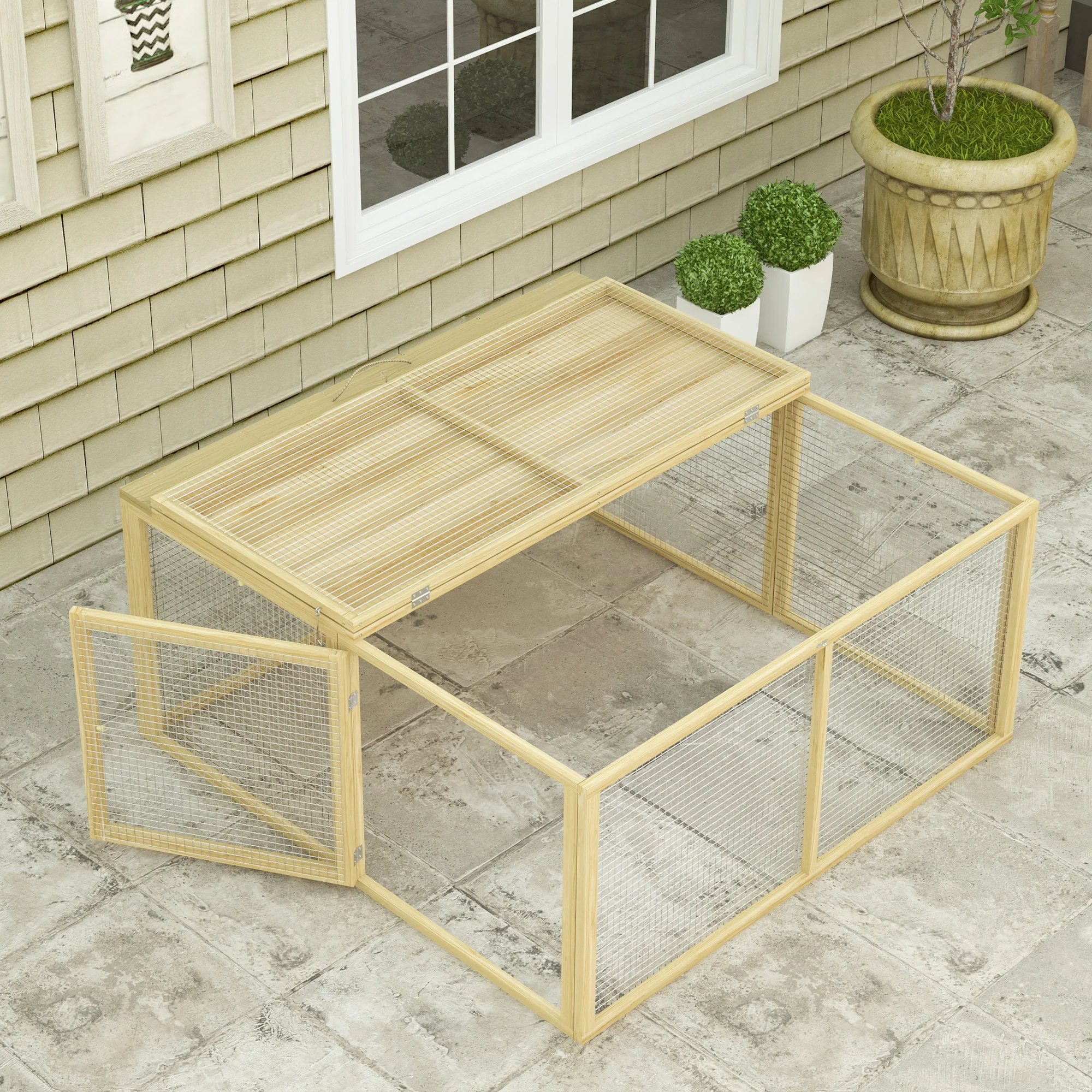 PawHut Rabbit Hutch, Folding Wooden Rabbit Run With Openable Top, Natural - Image 9