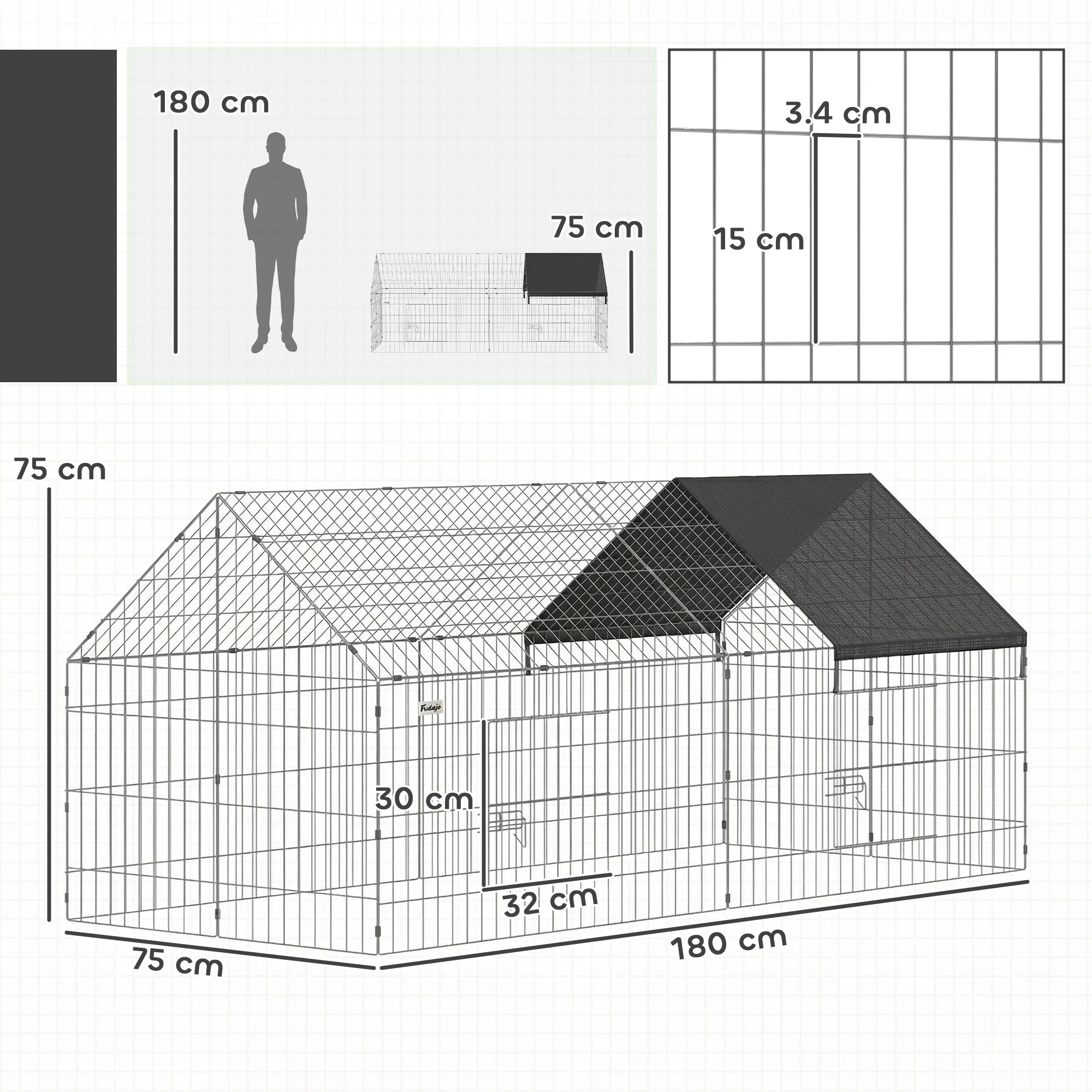 PawHut Rabbit Run, Pet Playpen W/ Protective Cover, 180 X 75 X 75 Cm, Black - Image 5