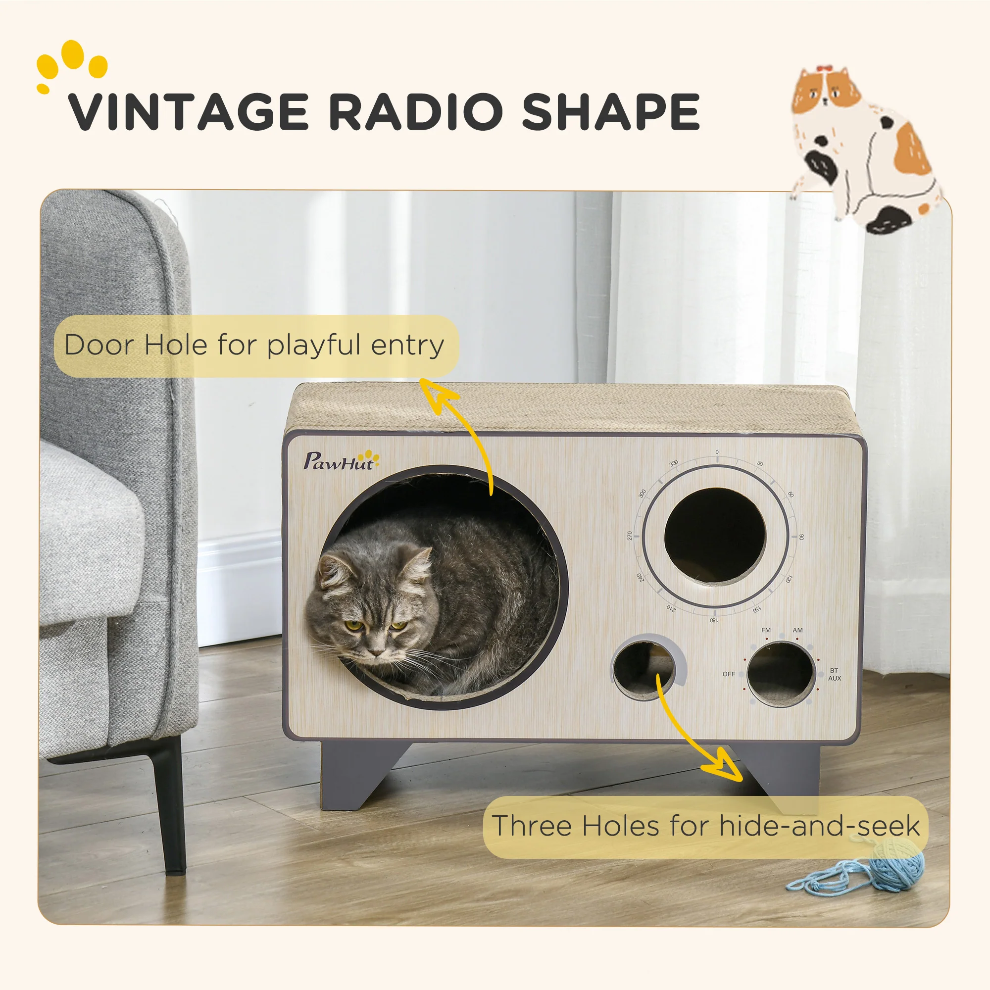 PawHut Radio Shape Cat Scratching Board with Catnip, Natural Wood Finish - Image 4