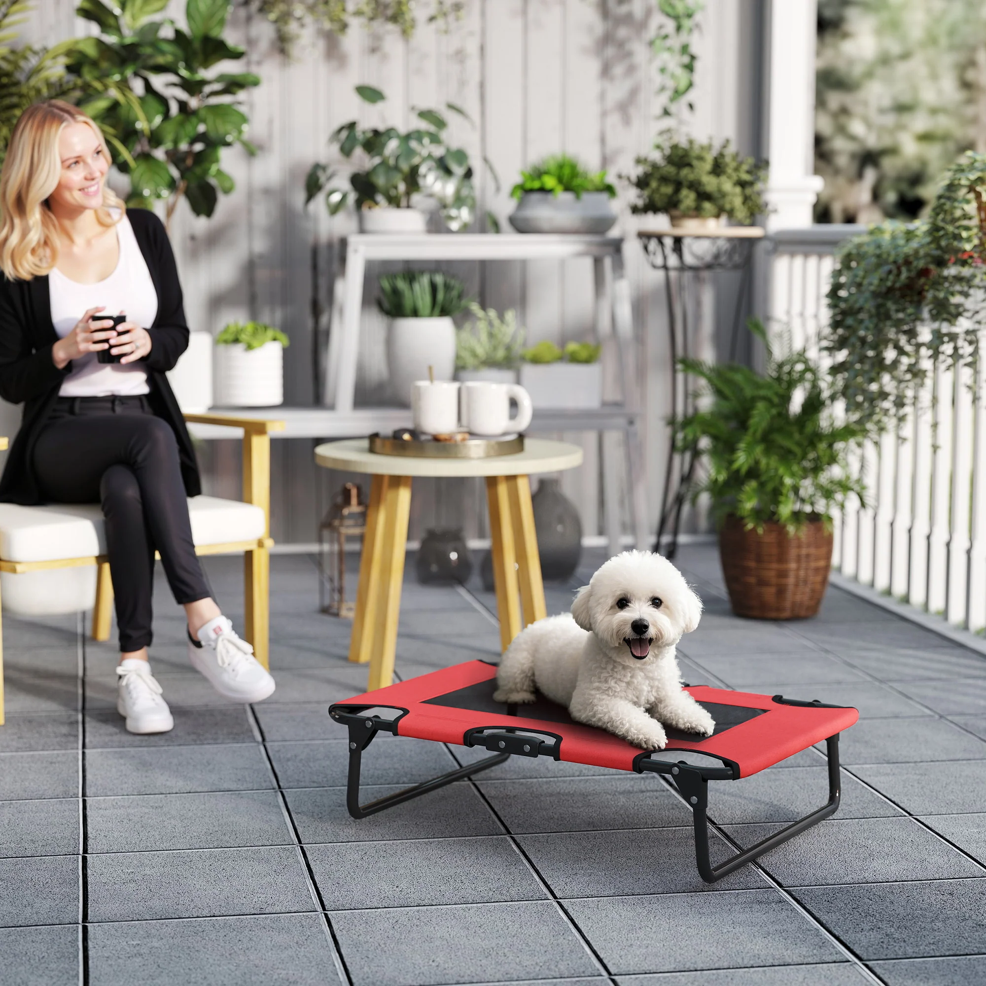 PawHut Raised Dog Bed With Breathable Mesh For S & M Dogs, Red - Image 2