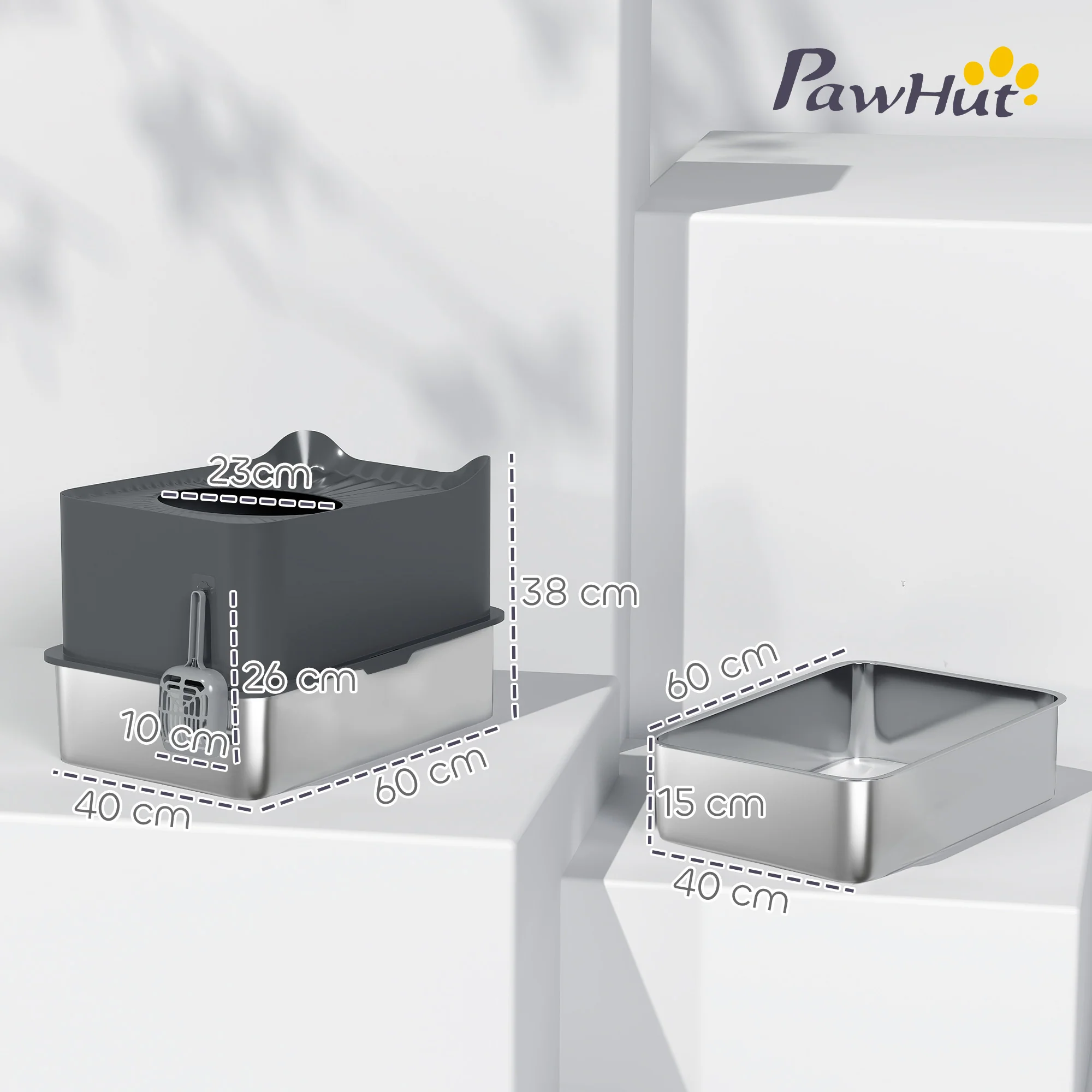 PawHut Stainless Steel Cat Litter Box, Enclosed Metal Litter Tray, Dark Grey - Image 5