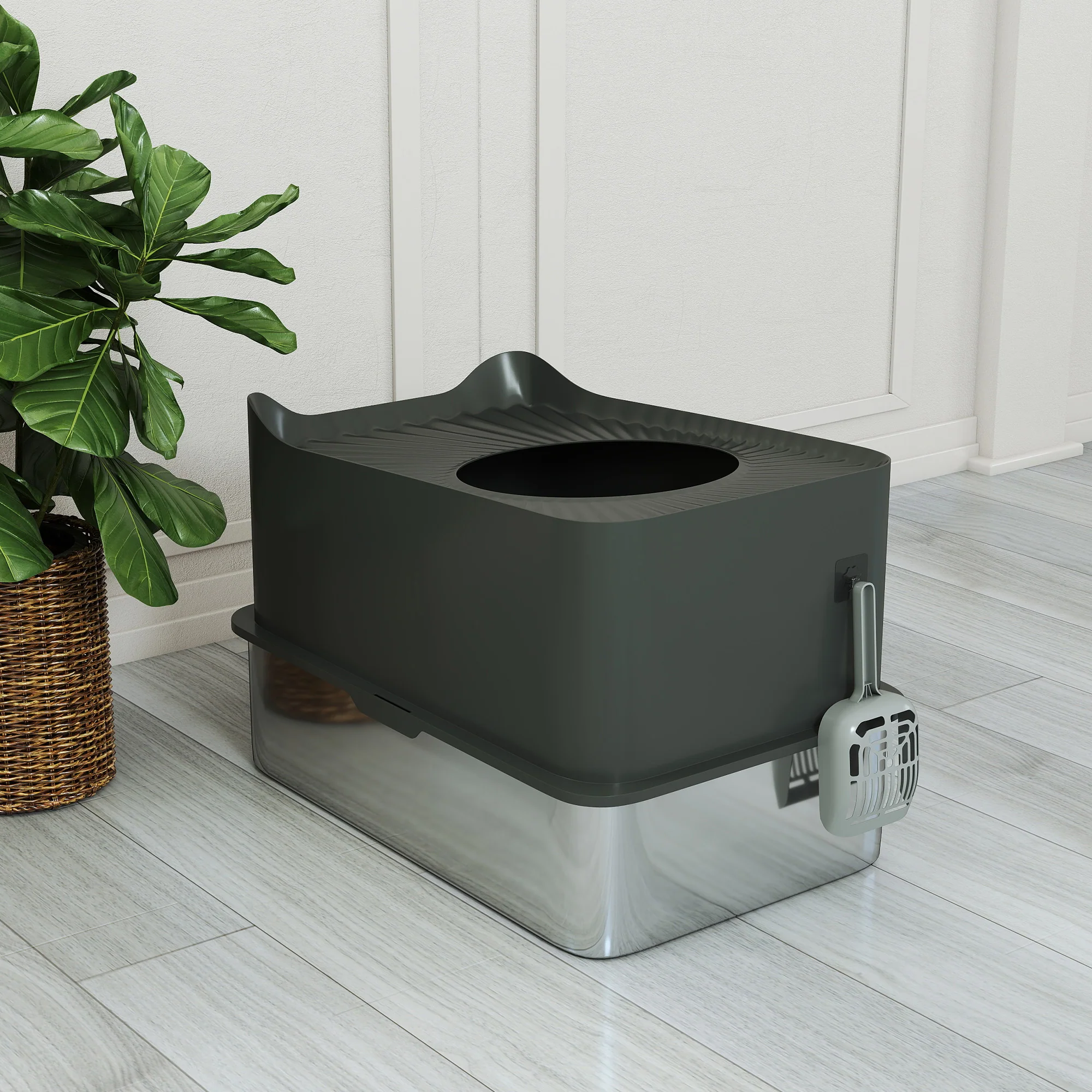 PawHut Stainless Steel Cat Litter Box, Enclosed Metal Litter Tray, Dark Grey - Image 9