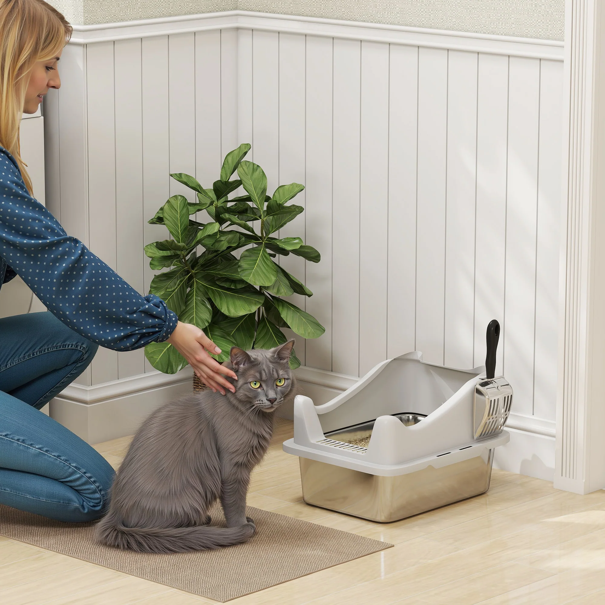 PawHut Stainless Steel Cat Litter Box With High Sides - Image 2