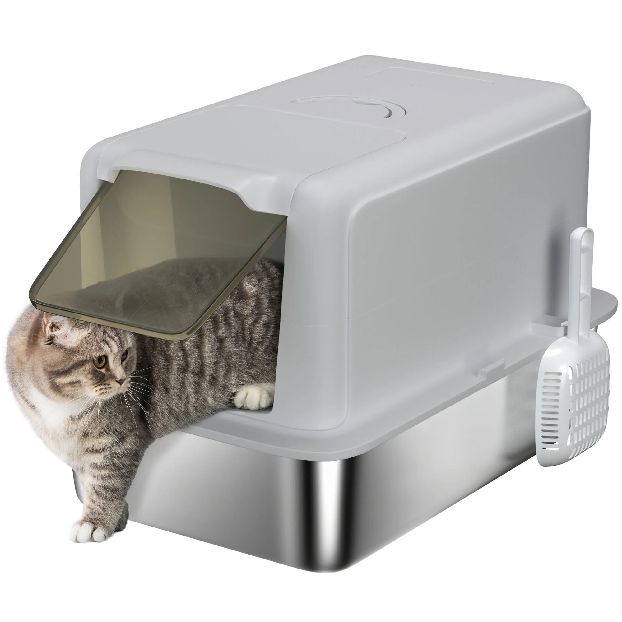 PawHut Stainless Steel Cat Litter Box With Removable Lid, Scoop, Grey