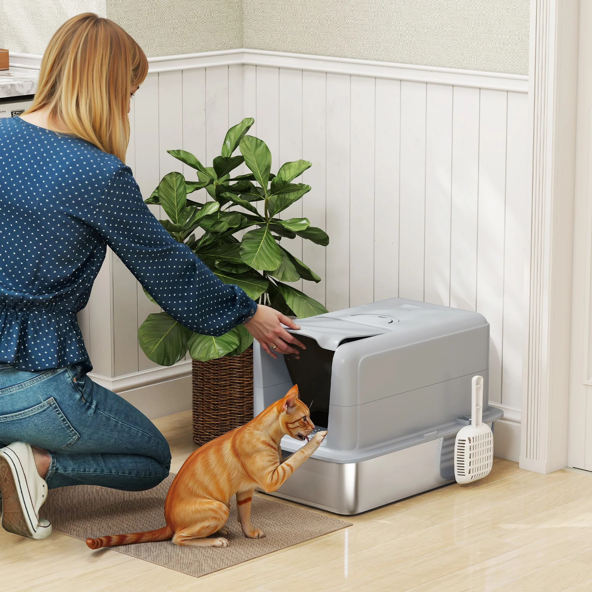 PawHut Stainless Steel Cat Litter Box With Removable Lid, Scoop, Grey - Image 2