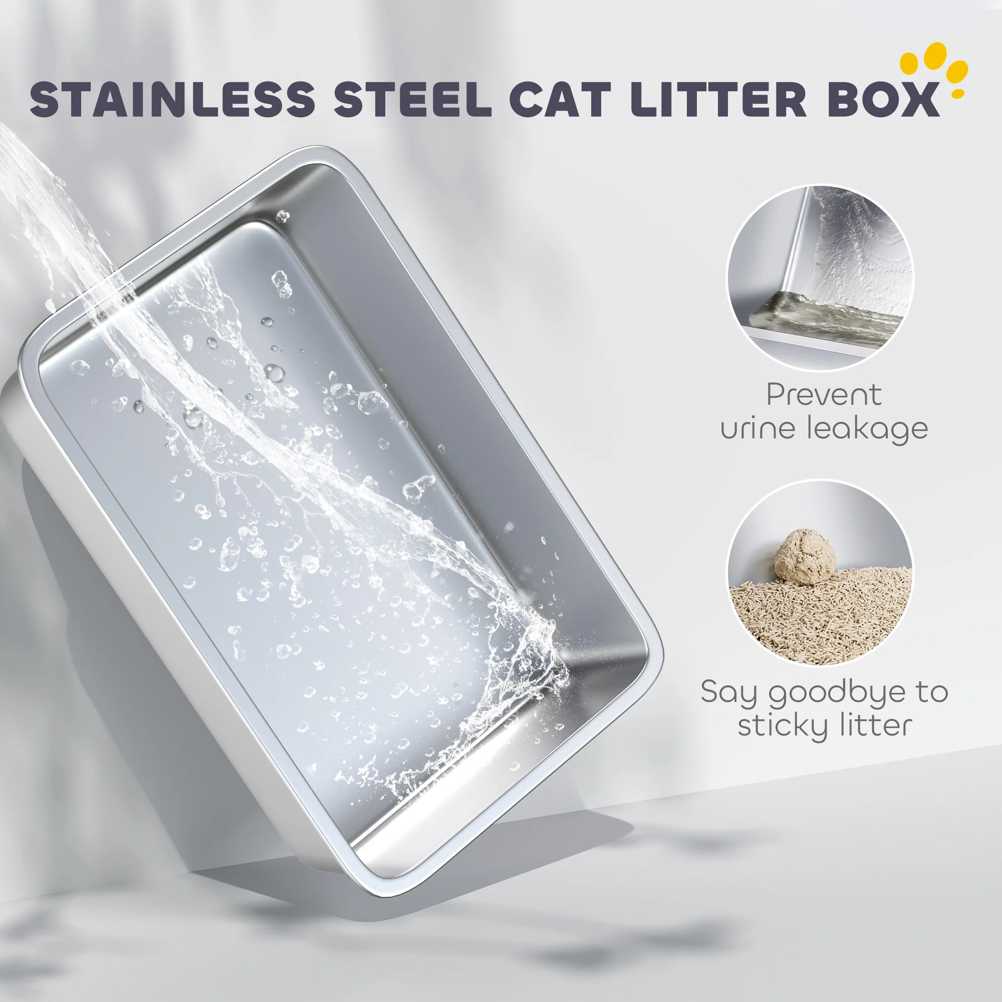 PawHut Stainless Steel Cat Litter Box With Removable Lid, Scoop, Grey - Image 3