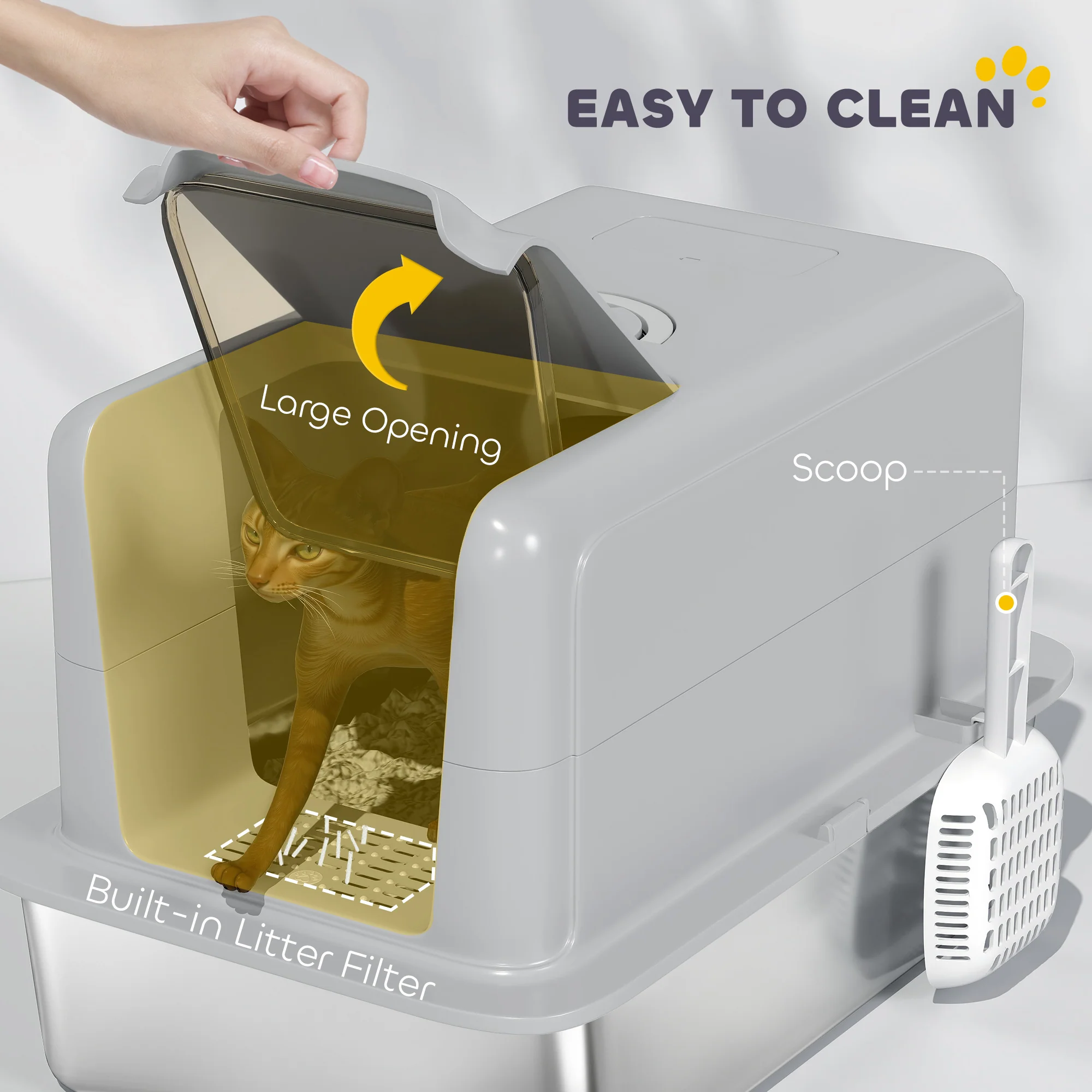 PawHut Stainless Steel Cat Litter Box With Removable Lid, Scoop, Grey - Image 4