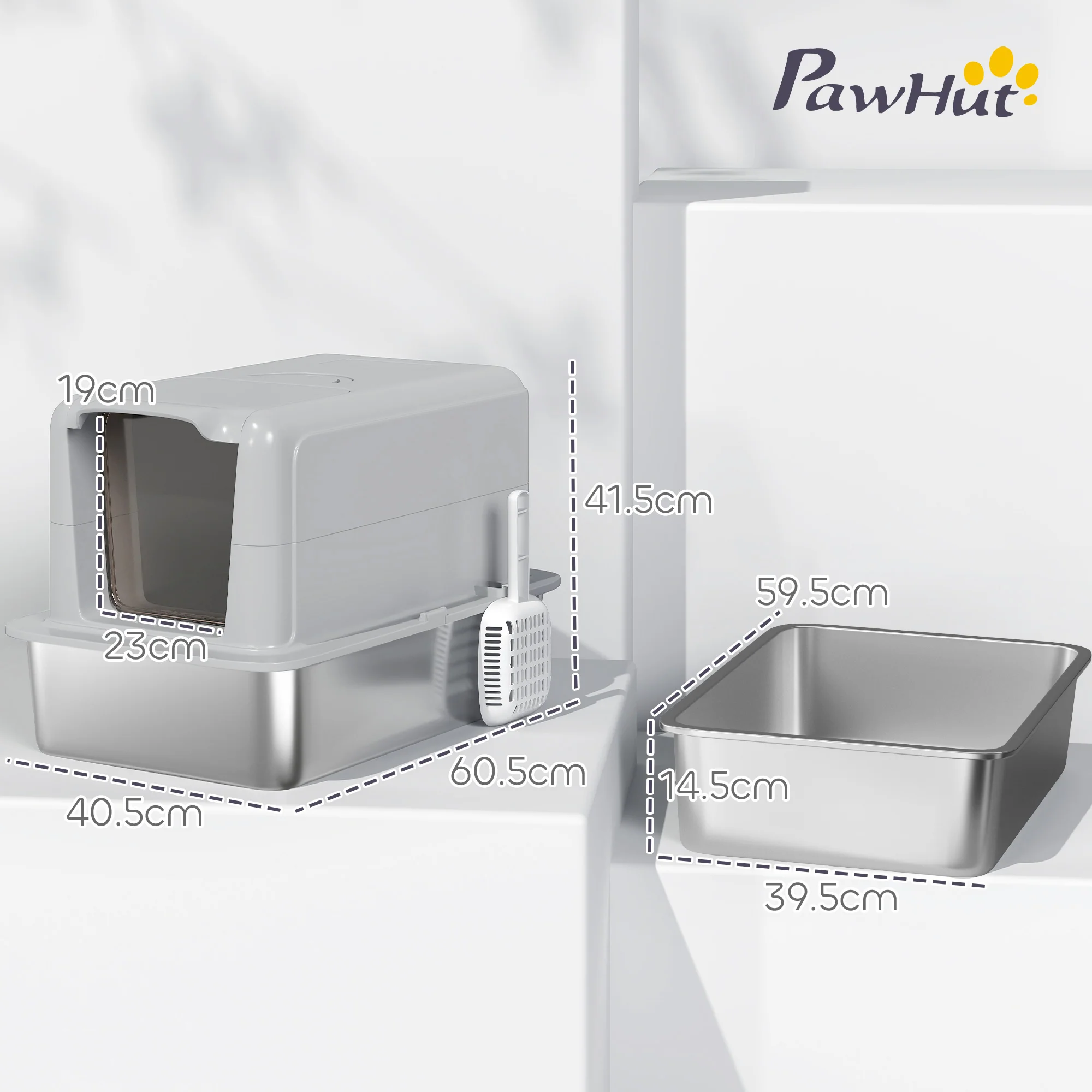 PawHut Stainless Steel Cat Litter Box With Removable Lid, Scoop, Grey - Image 5