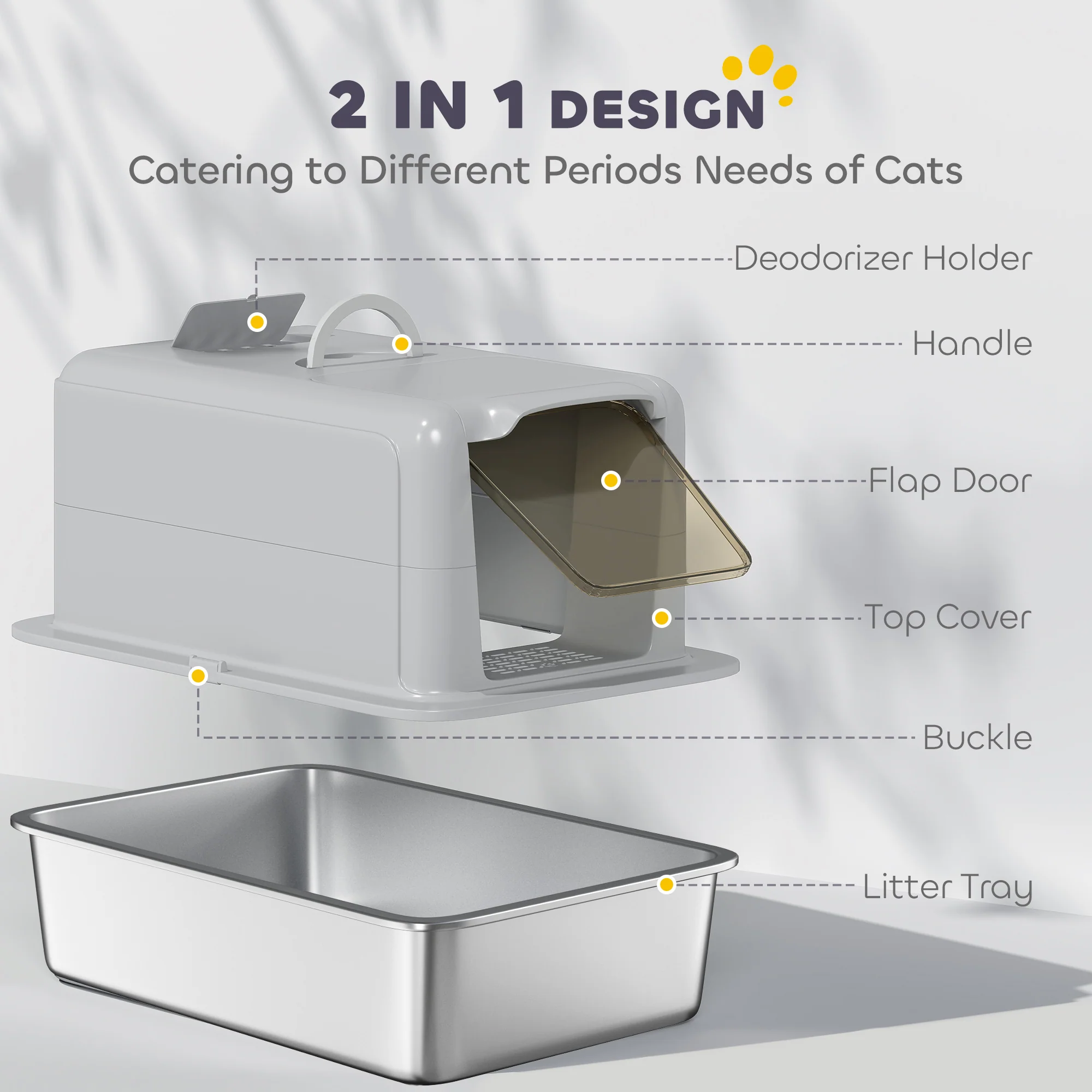 PawHut Stainless Steel Cat Litter Box With Removable Lid, Scoop, Grey - Image 6