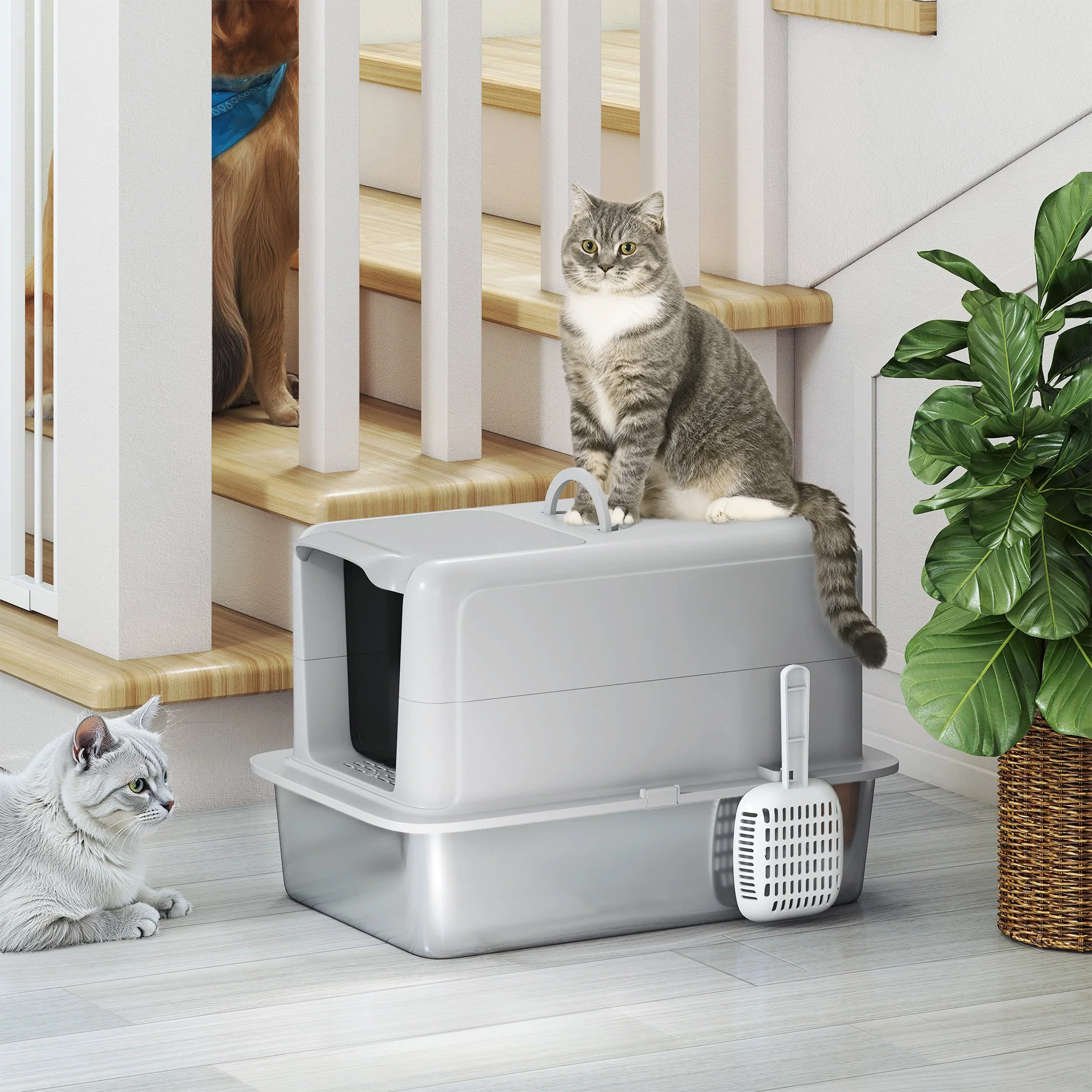 PawHut Stainless Steel Cat Litter Box With Removable Lid, Scoop, Grey - Image 8
