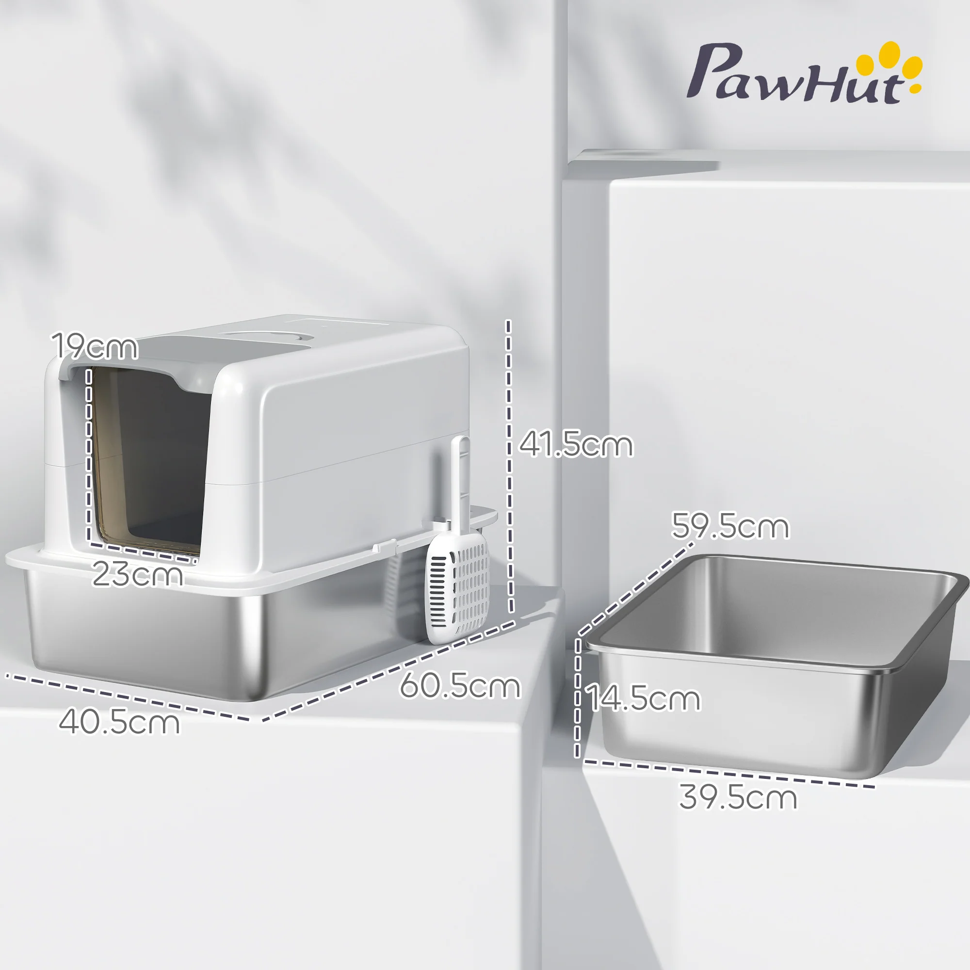 PawHut Stainless Steel Cat Litter Box with Removable Lid, Scoop, White - Image 5