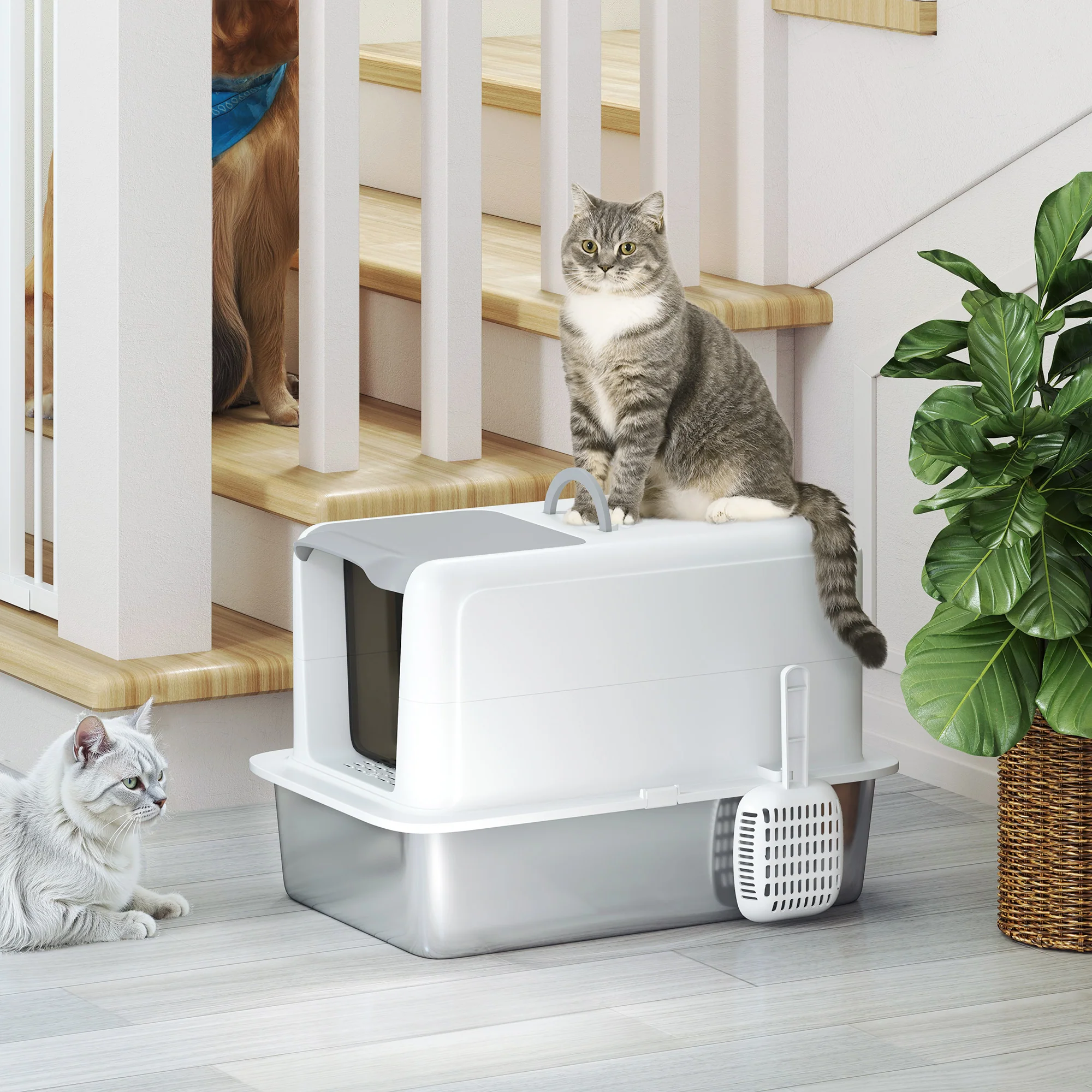 PawHut Stainless Steel Cat Litter Box with Removable Lid, Scoop, White - Image 8