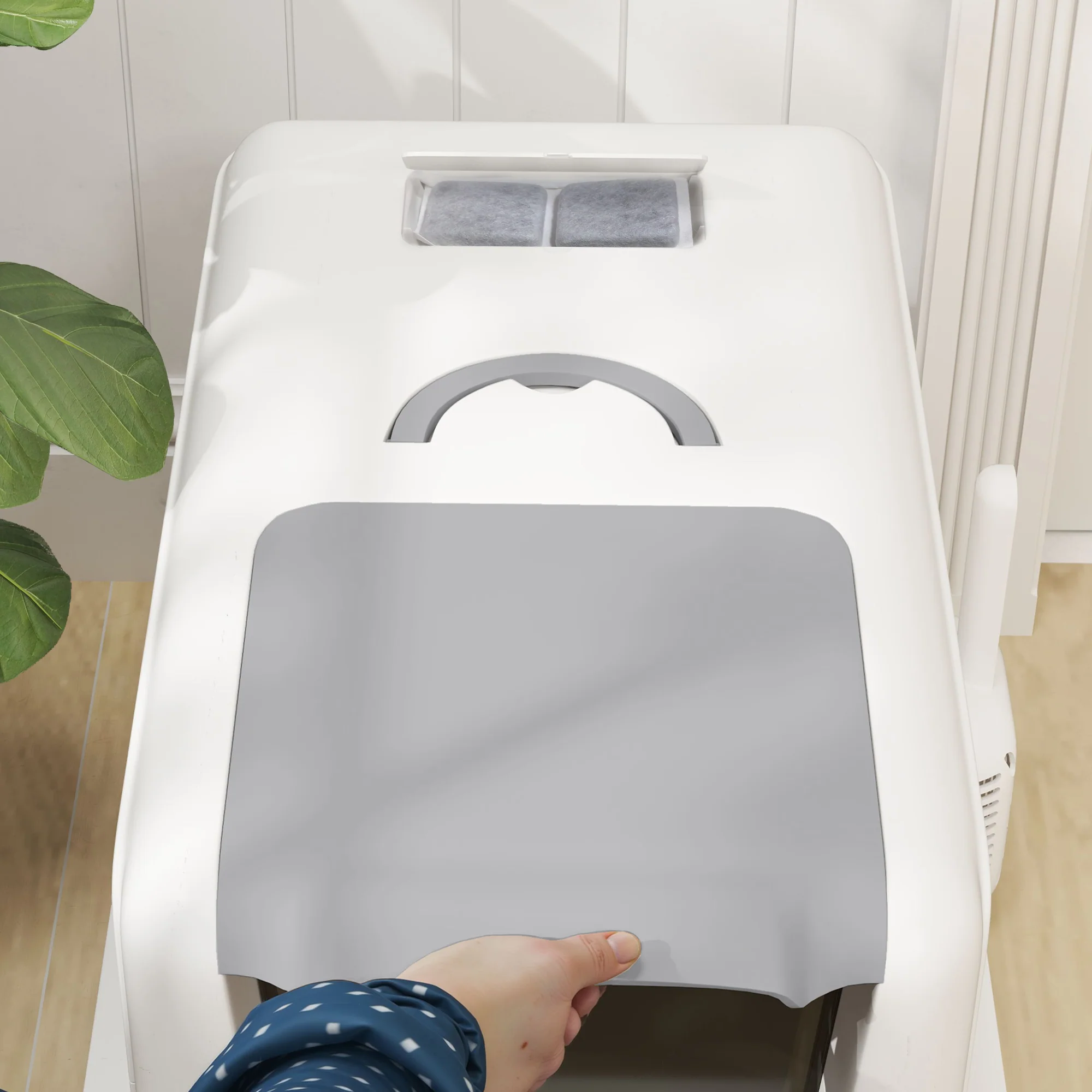 PawHut Stainless Steel Cat Litter Box with Removable Lid, Scoop, White - Image 9