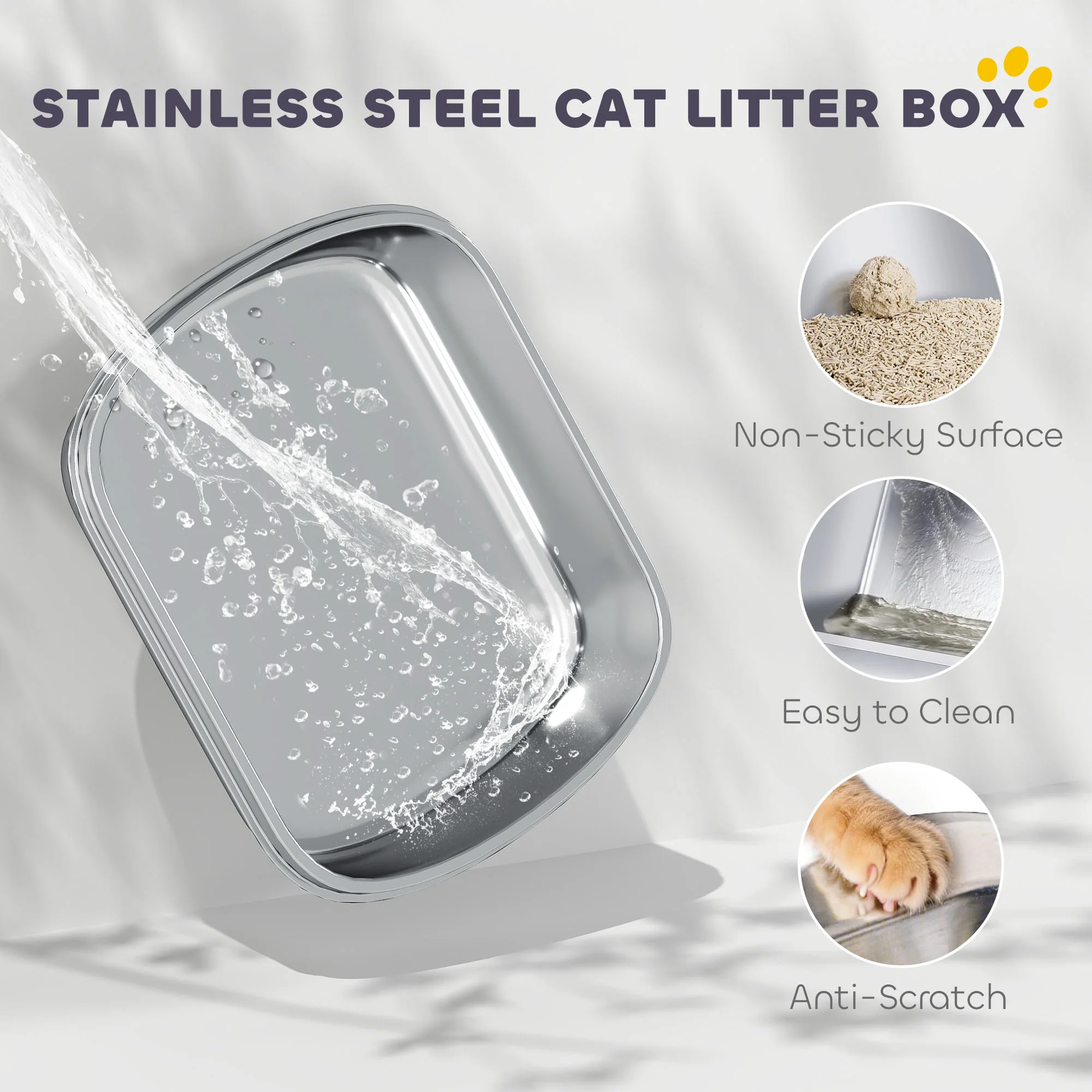 PawHut Stainless Steel Cat Litter Tray With Lid - Image 3