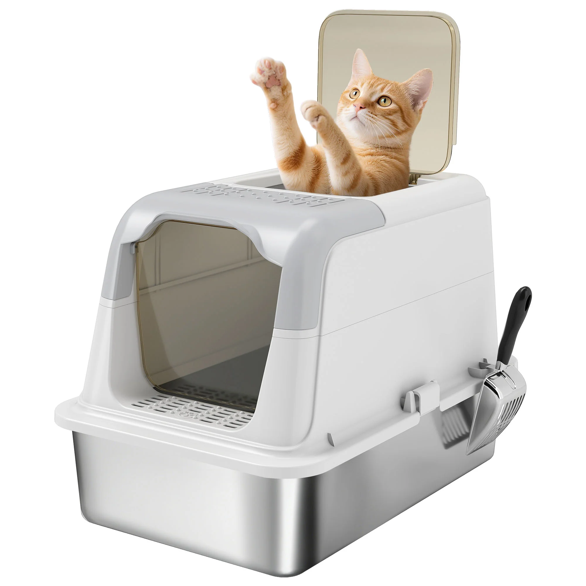 PawHut Stainless Steel Litter Box, Enclosed Metal Litter Tray With Scoop