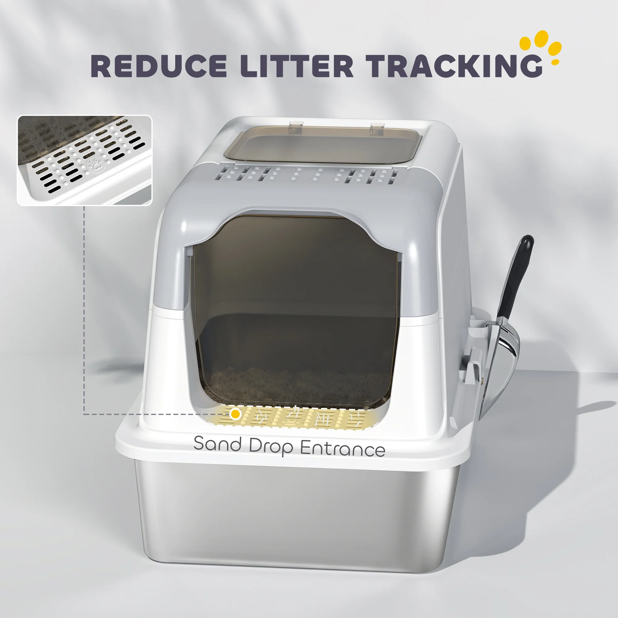 PawHut Stainless Steel Litter Box, Enclosed Metal Litter Tray With Scoop - Image 6