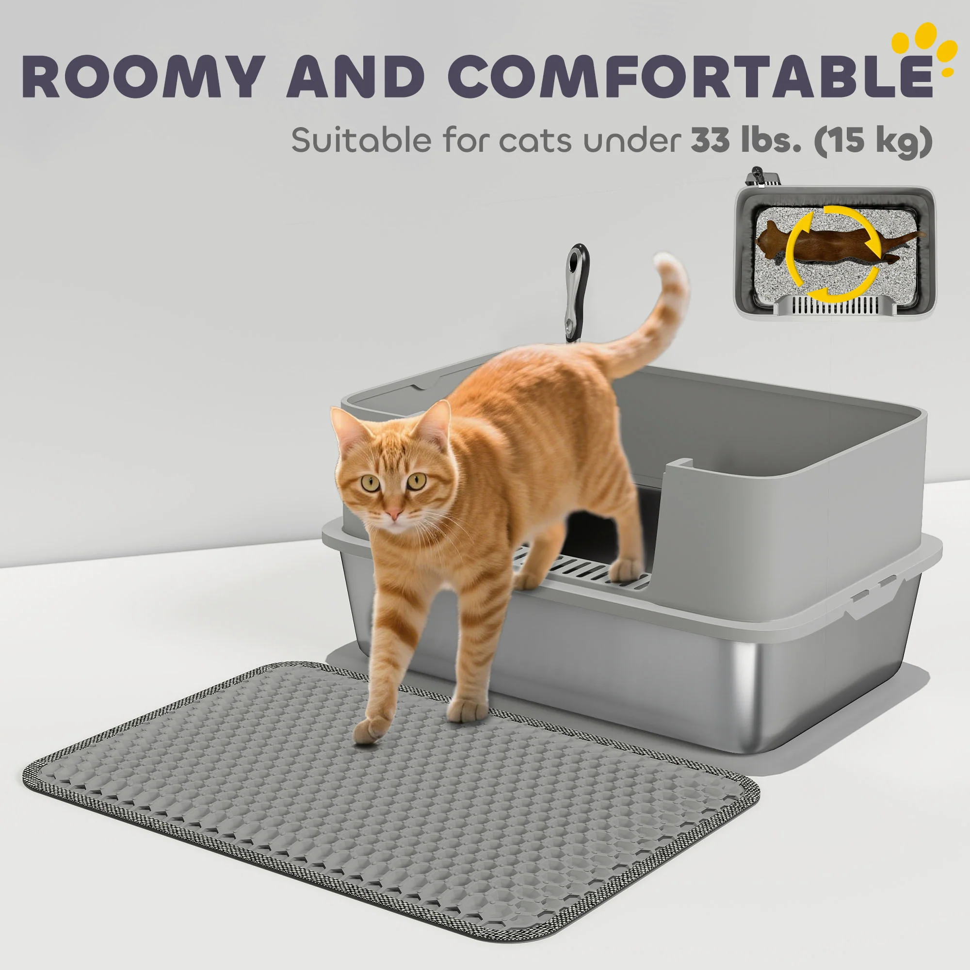 PawHut Stainless Steel Litter Box With Scoop, High Sided Cat Litter Tray - Image 7