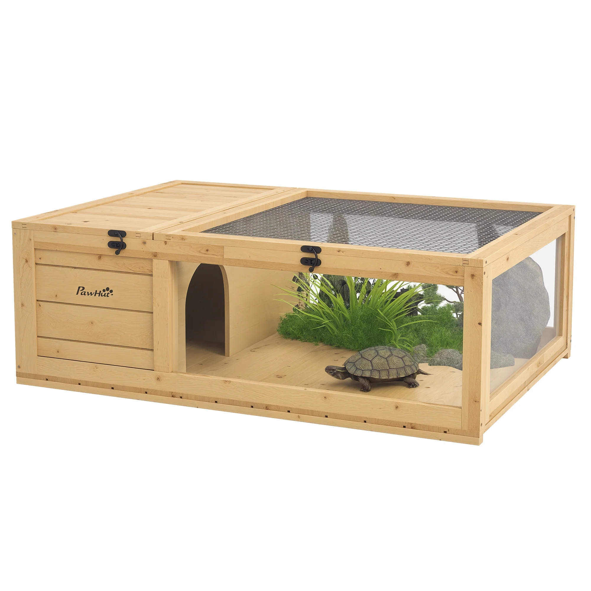 PawHut Tortoise House W/ Mesh Roof, Small Pet Reptile Wooden House - Yellow
