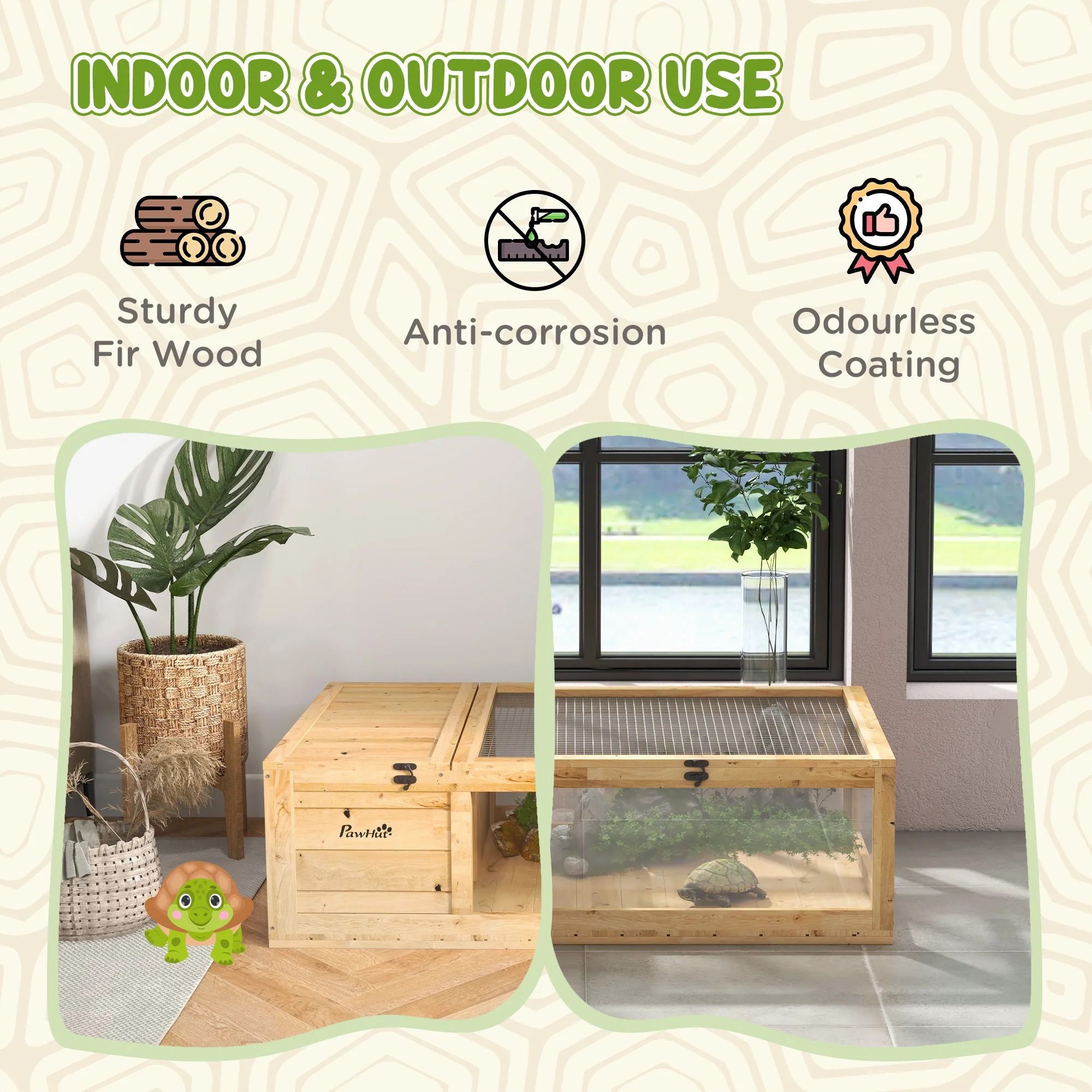 PawHut Tortoise House W/ Mesh Roof, Small Pet Reptile Wooden House - Yellow - Image 3